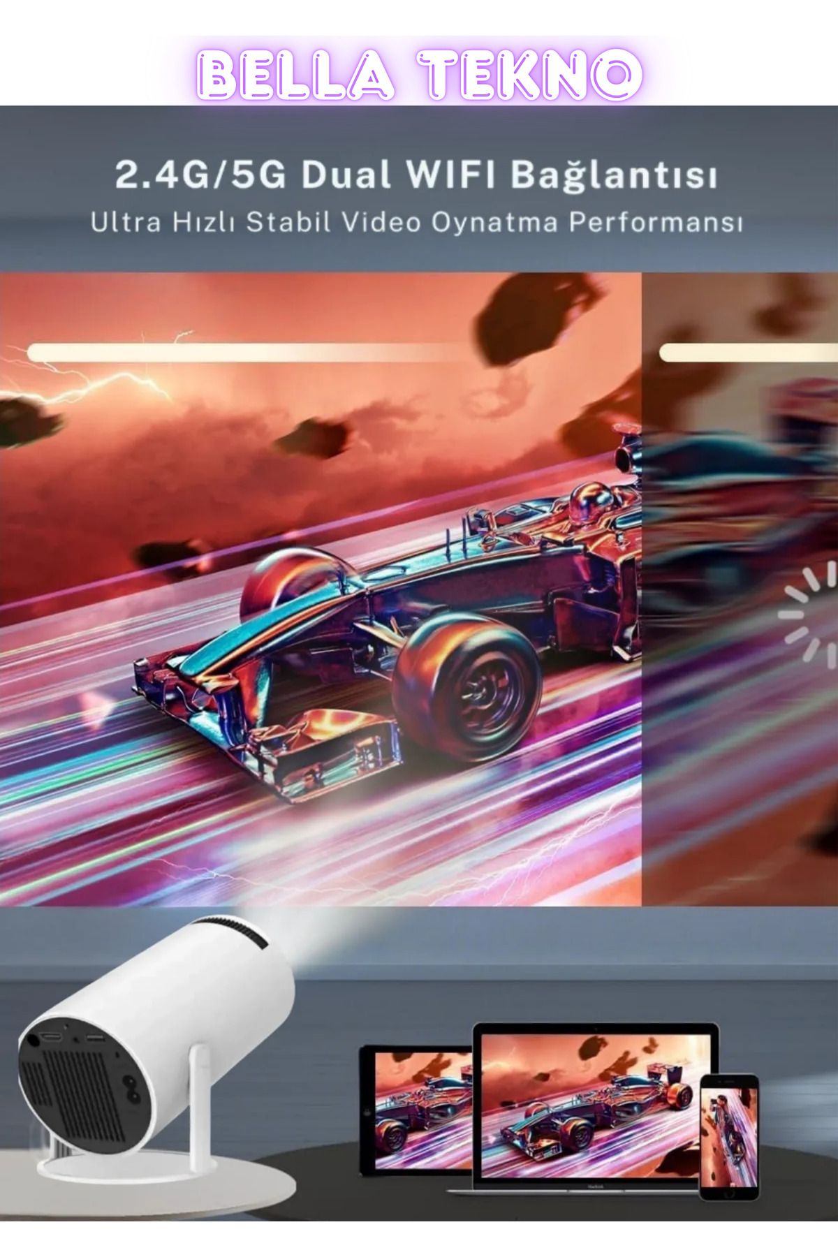 BellaThec Yüksek Kaliteli Android Projeksiyon Cihazı | Wifi + USB + HDMI Girişli, Hoparlörlü Mini Projektör