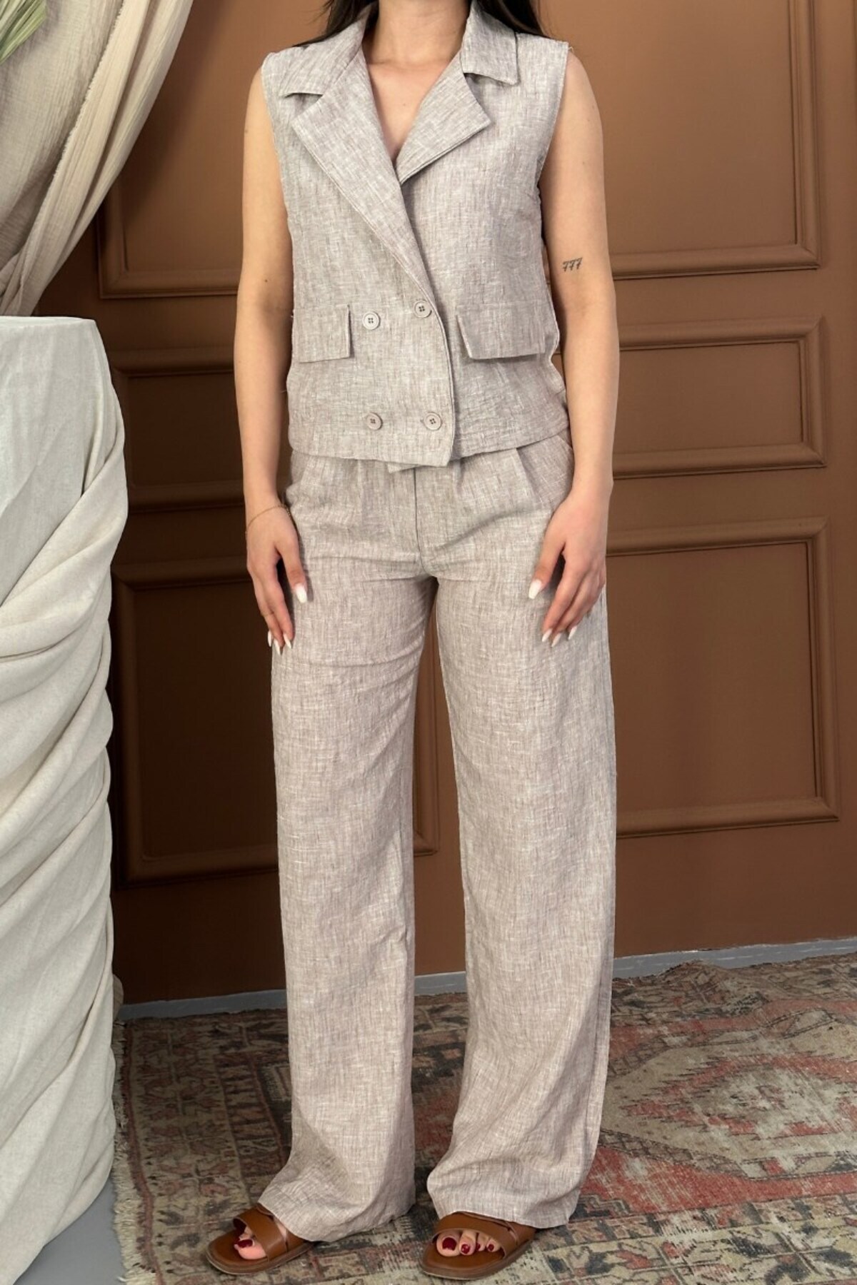spirituel-Women's Bottom Top Set Linen Button and Pocket Detail Double Breasted Collar Vest Wide Leg Pants Set 7
