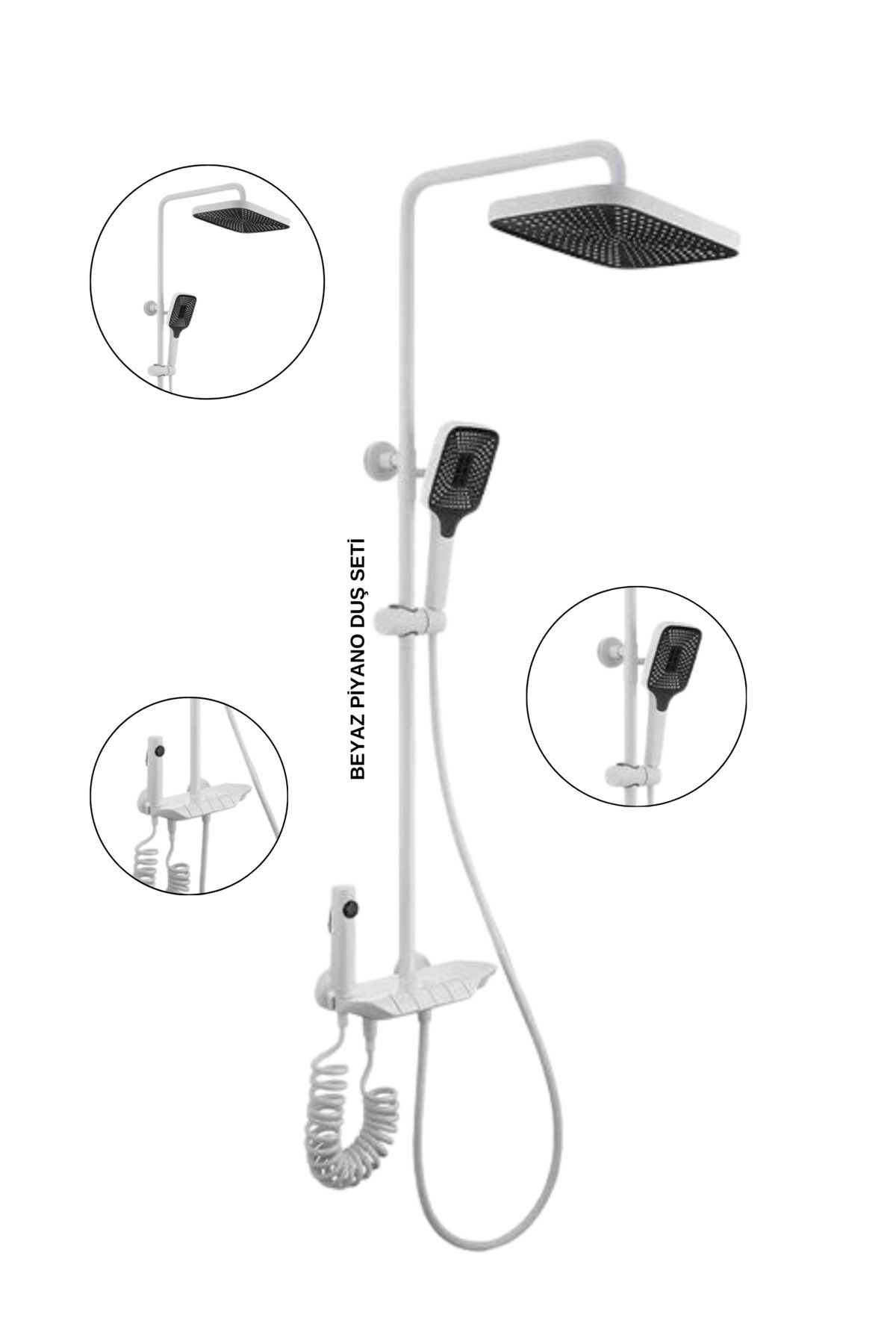 Akdoğan Yapı Ve Hırdavat Lüks Piyano Duş Seti | Beyaz Modern Tasarım, Spiral El Duşu + Tepe Duş + Jet Fonksiyonlu Tuş Panel