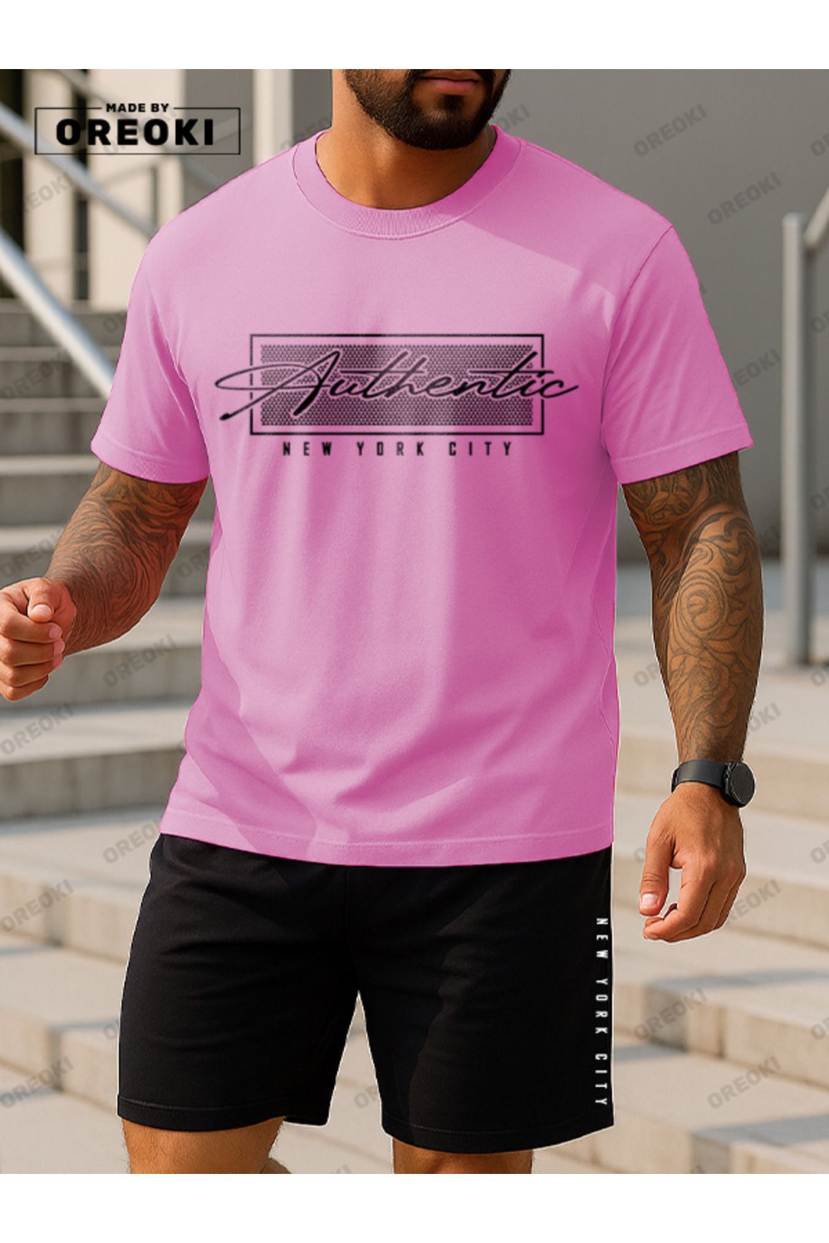 EFFRENATU Otantik Baskılı Pamuklu Kumaş Erkek Pembe T-shirt-Siyah Şort Takım