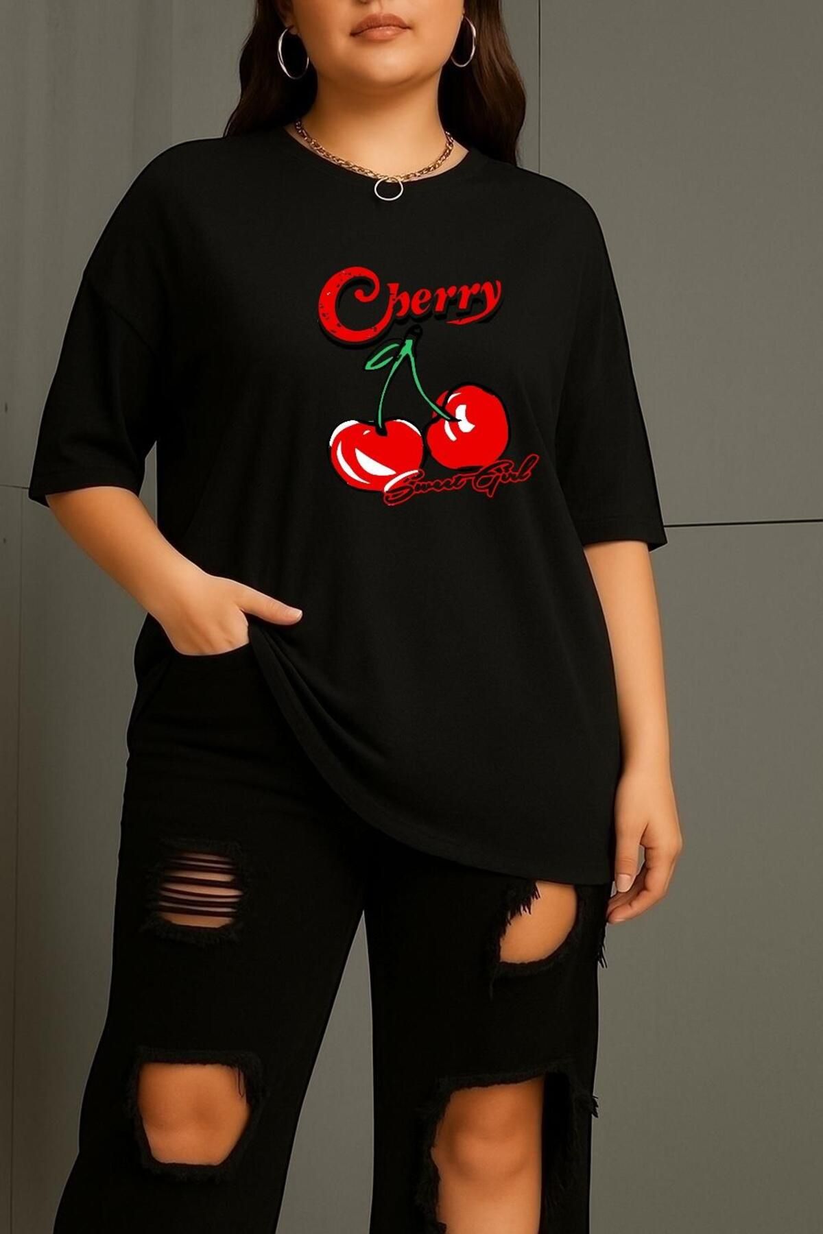 BENROMA BÜYÜK BEDEN CHERRY KİRAZ BASKILI UNİSEX TİŞÖRT