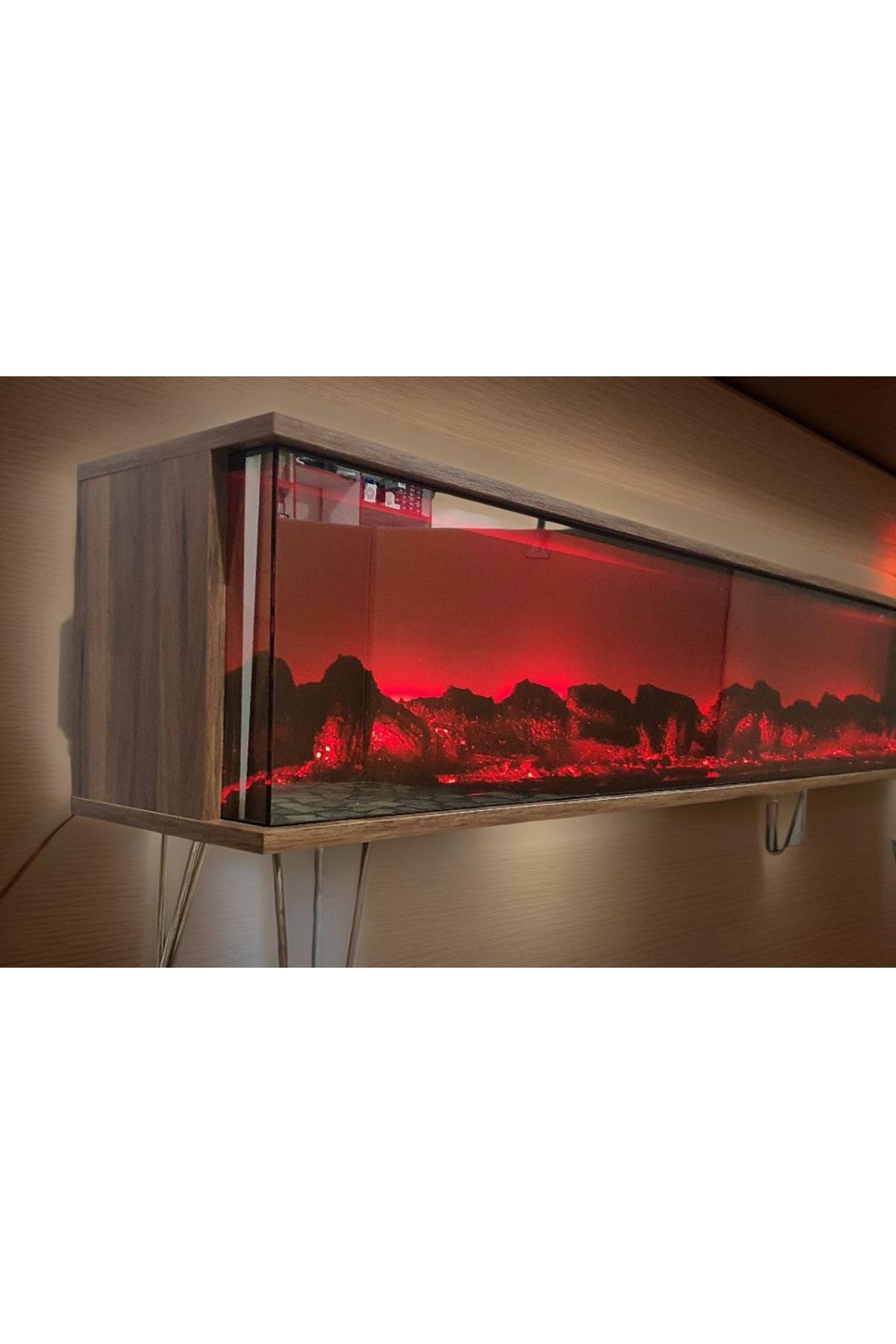 ERTEK GLOBAL Tv Sehpası Full Şömineli Kumandalı Bluetooth Stereo Ses 6 Modlu Ünite 170 Cm Mdf Metal Ayak