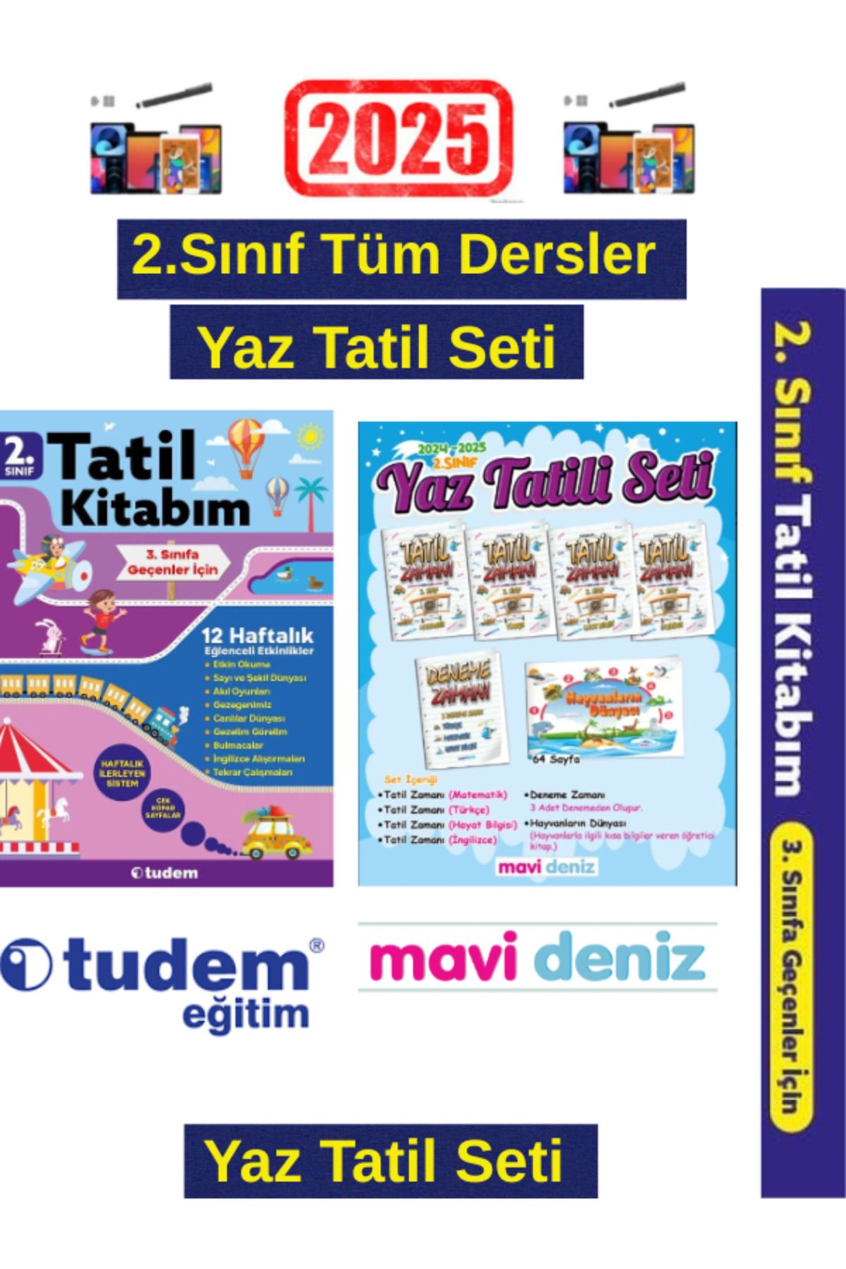 Tudem Yayınları 2025 2.Sınıf 12 Haftalık Yaz Tatil Kitabı+MaviDeniz 2.Sınıf Yaz Tatil Seti+ Kalem
