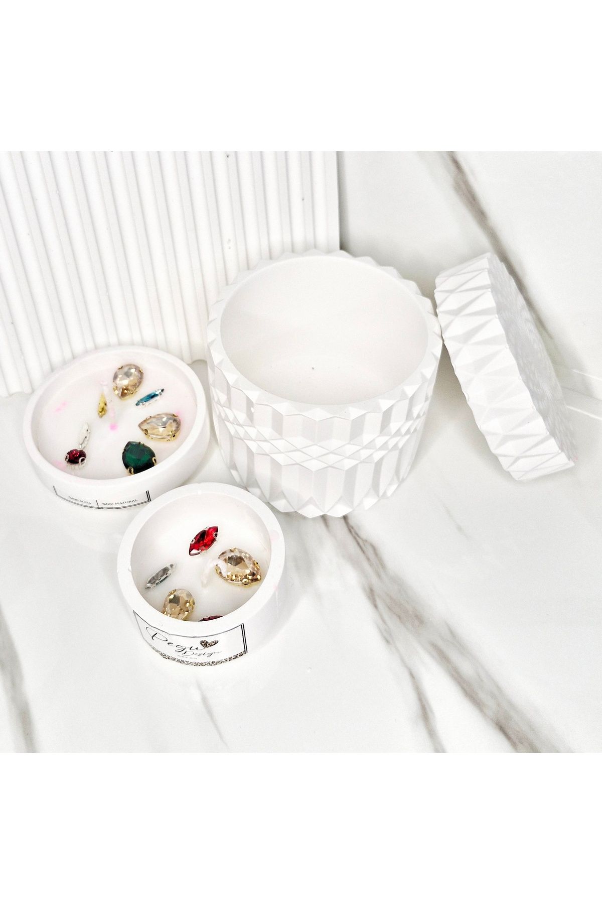 Pegubabycollection 3 lü Desenli Vazo Kristal Taşlı Özel Tasarım %100 Doğal Soya Wax Mum