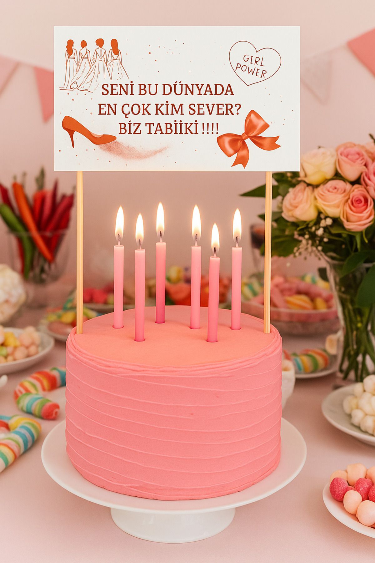 UVERTE Kız Kıza Doğum Günü Pasta Süsü – Girl Power Temalı, Pembe Konsept, Parti Dekoru