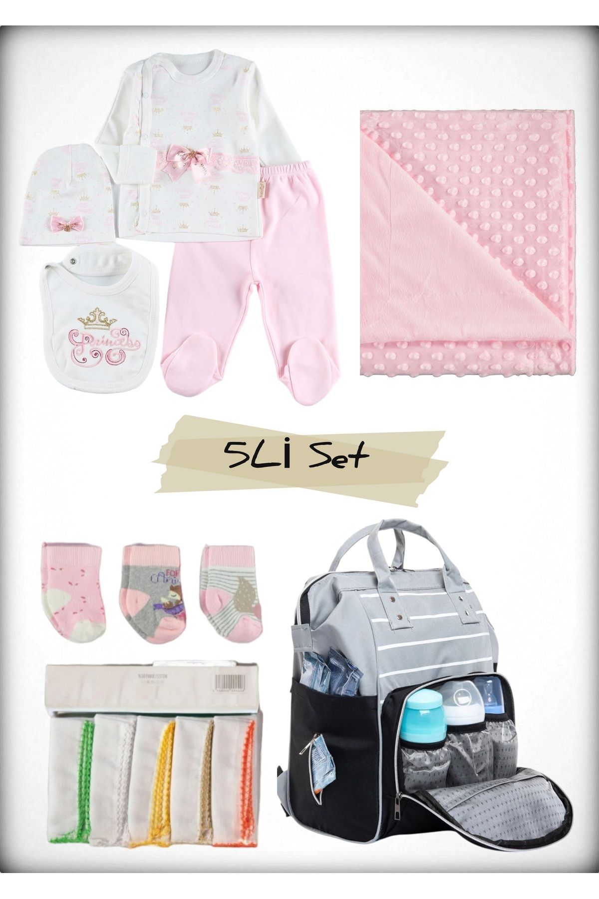 Avşar Baby 5 li Doğum Seti (Anne Bebek Çantası Hastane Çıkışı Battaniye 10 Lu Mendil Ve 3 Lü Çorap)