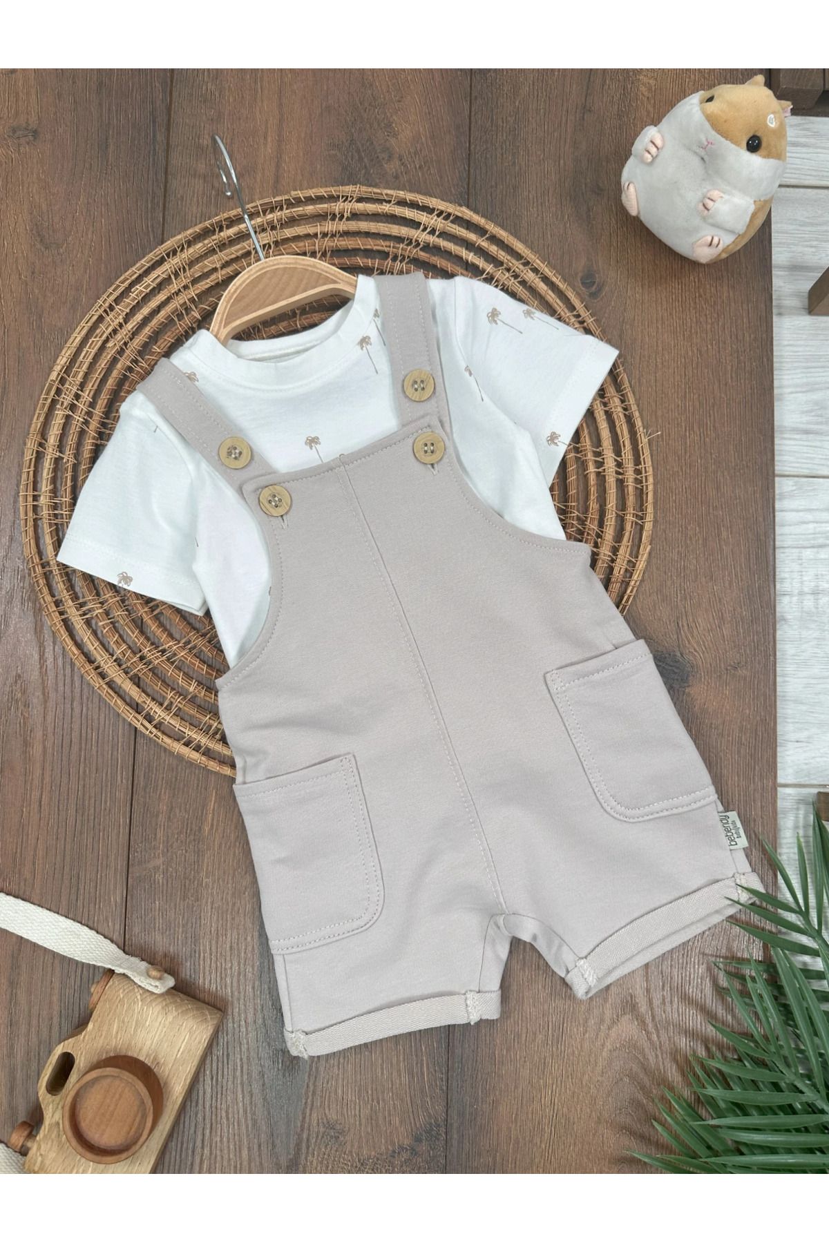tiwitibaby Salopet Palmiye Baskılı Omuzdan Çıtçıtlı Badi Yazlık Erkek Bebek Takım