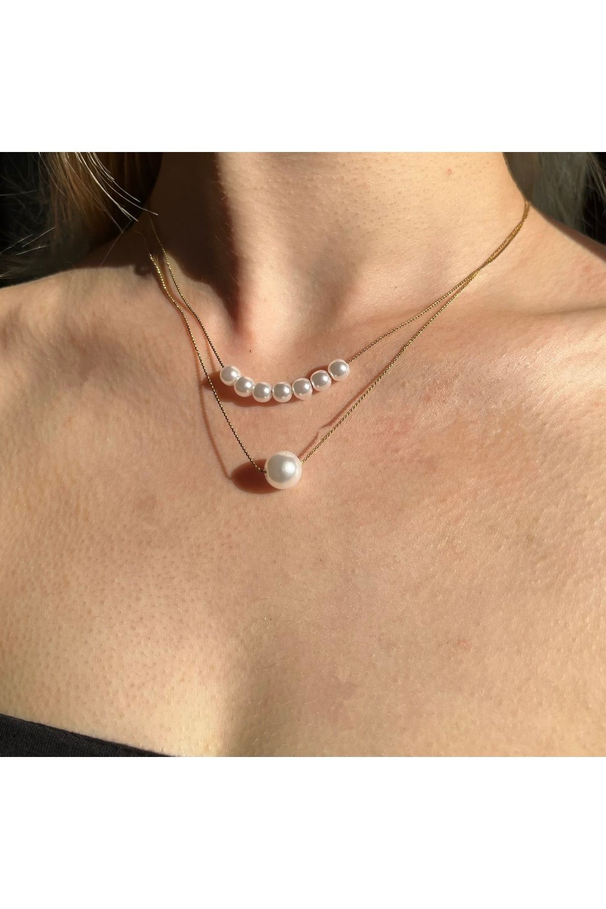 B&E SHİNE JEWERLY Kararmaz Çelik Yuvarlak İnci Detay Çift Zincir Kolye