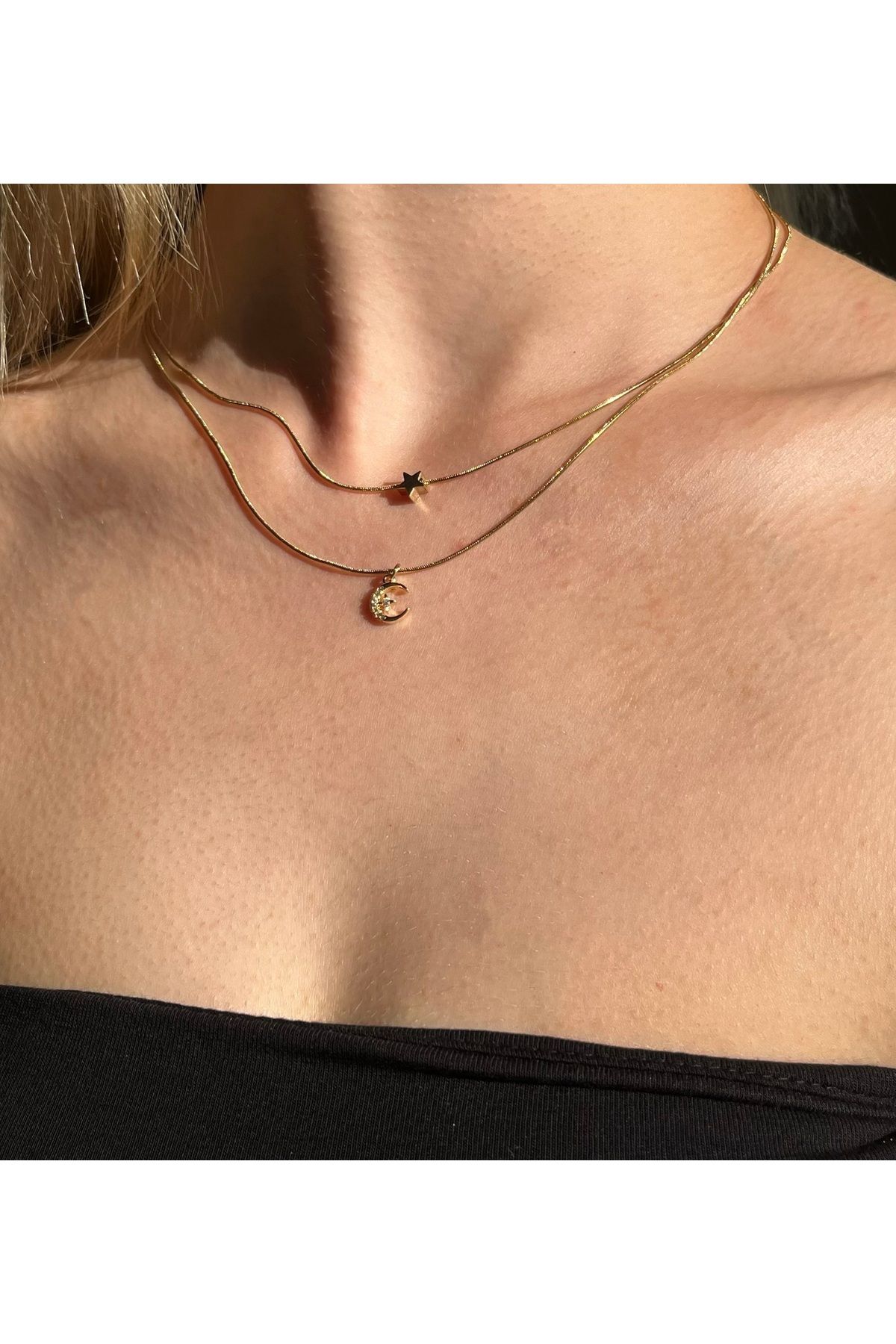 B&E SHİNE JEWERLY Kararmaz Çelik Çift Zincir Ay-Yıldız Detay Kolye