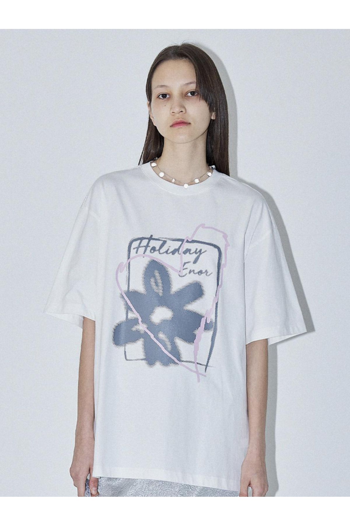 ELNOYA Unisex Pamuklu Beyaz Oversize "Holiday" Baskılı Bisiklet Yaka Rahat T-shirt