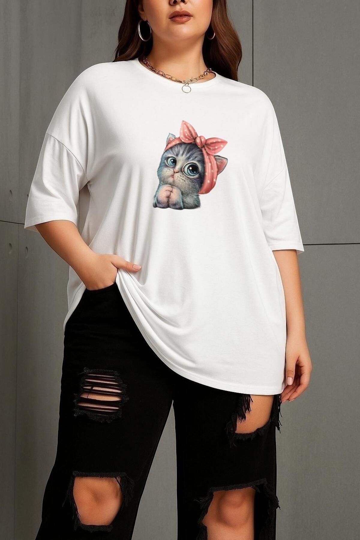 BENROMA BÜYÜK BEDEN MİNNOŞ KEDİ BASKILI UNİSEX TİŞÖRT