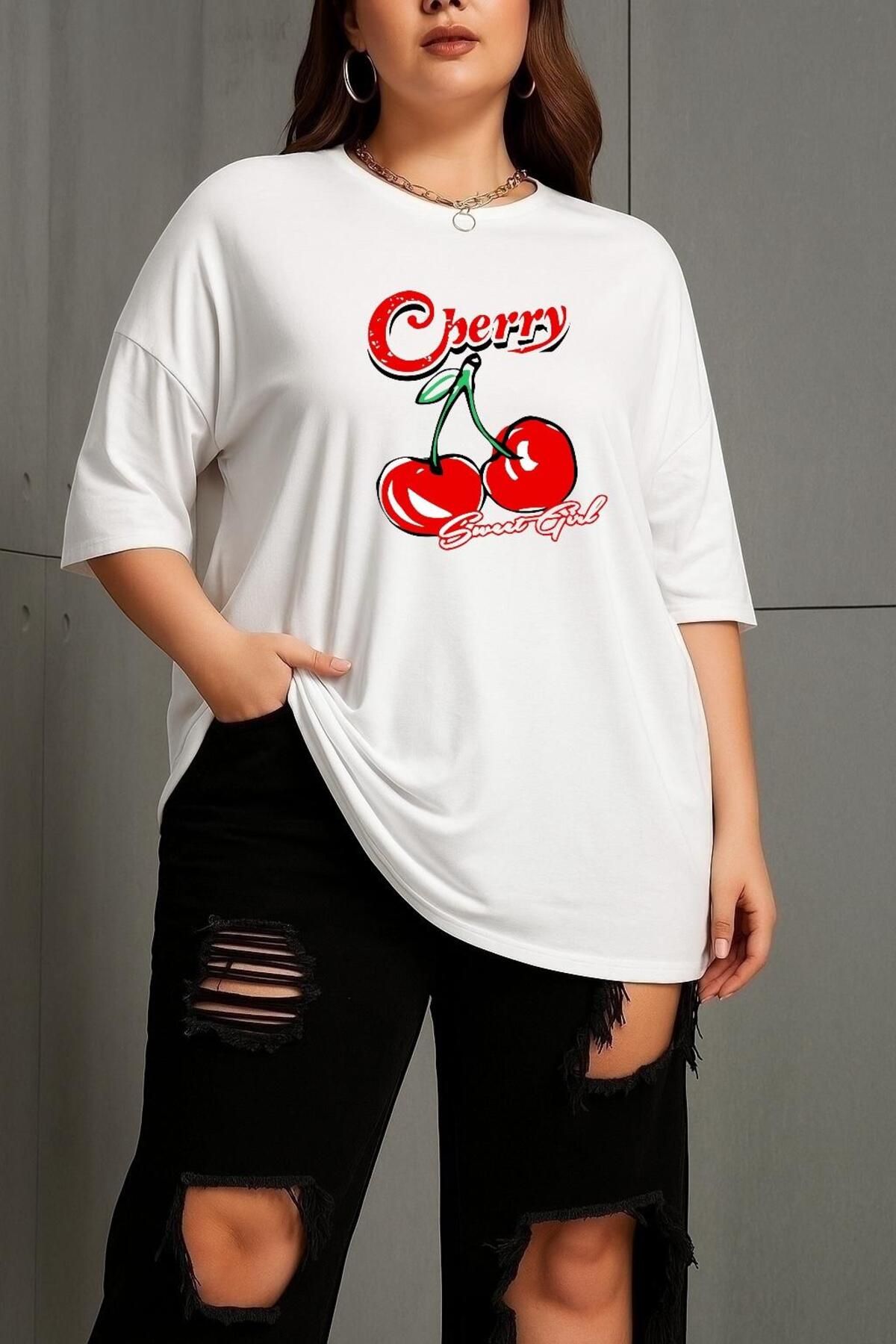 BENROMA BÜYÜK BEDEN CHERRY KİRAZ BASKILI UNİSEX TİŞÖRT