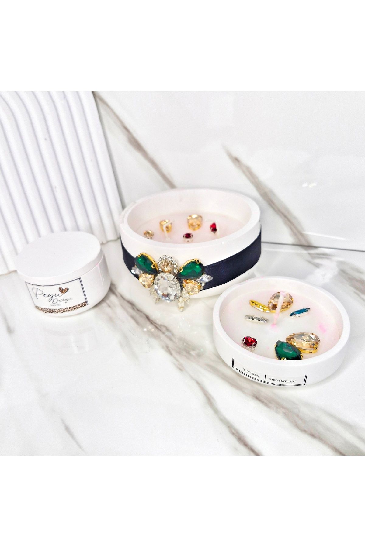 Pegubabycollection 3 lü Set Arı Figürlü Kristal Taşlı Özel Tasarım %100 Doğal Soya Wax Mum