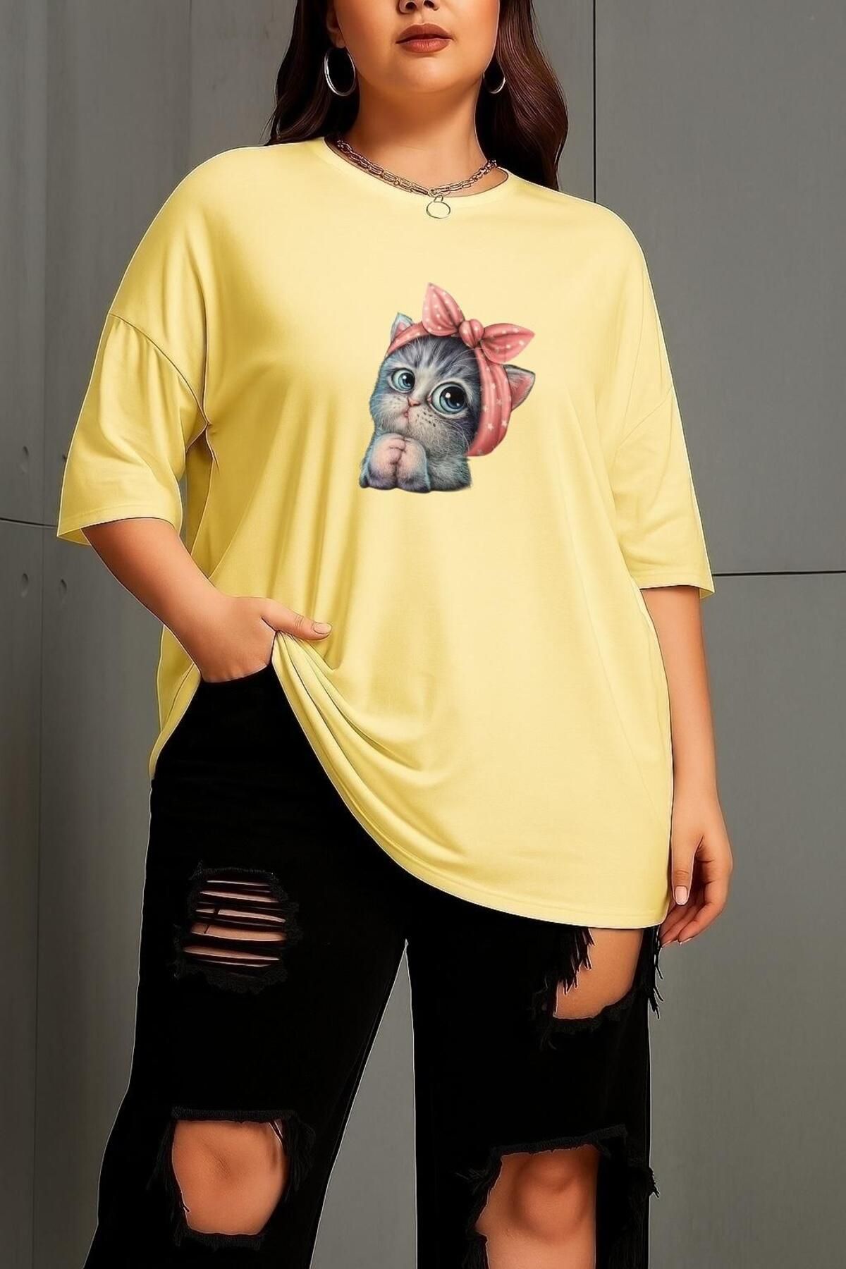 BENROMA BÜYÜK BEDEN MİNNOŞ KEDİ BASKILI UNİSEX TİŞÖRT