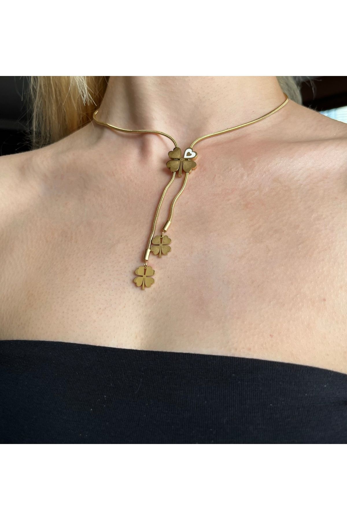 B&E SHİNE JEWERLY Kararmaz Çelik Çift Yonca Detay Kolye
