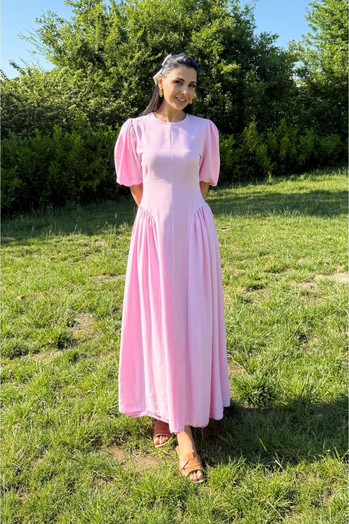 Afiş Butik Pembe Balon Kol Piliseli Prenses Uzun Elbise