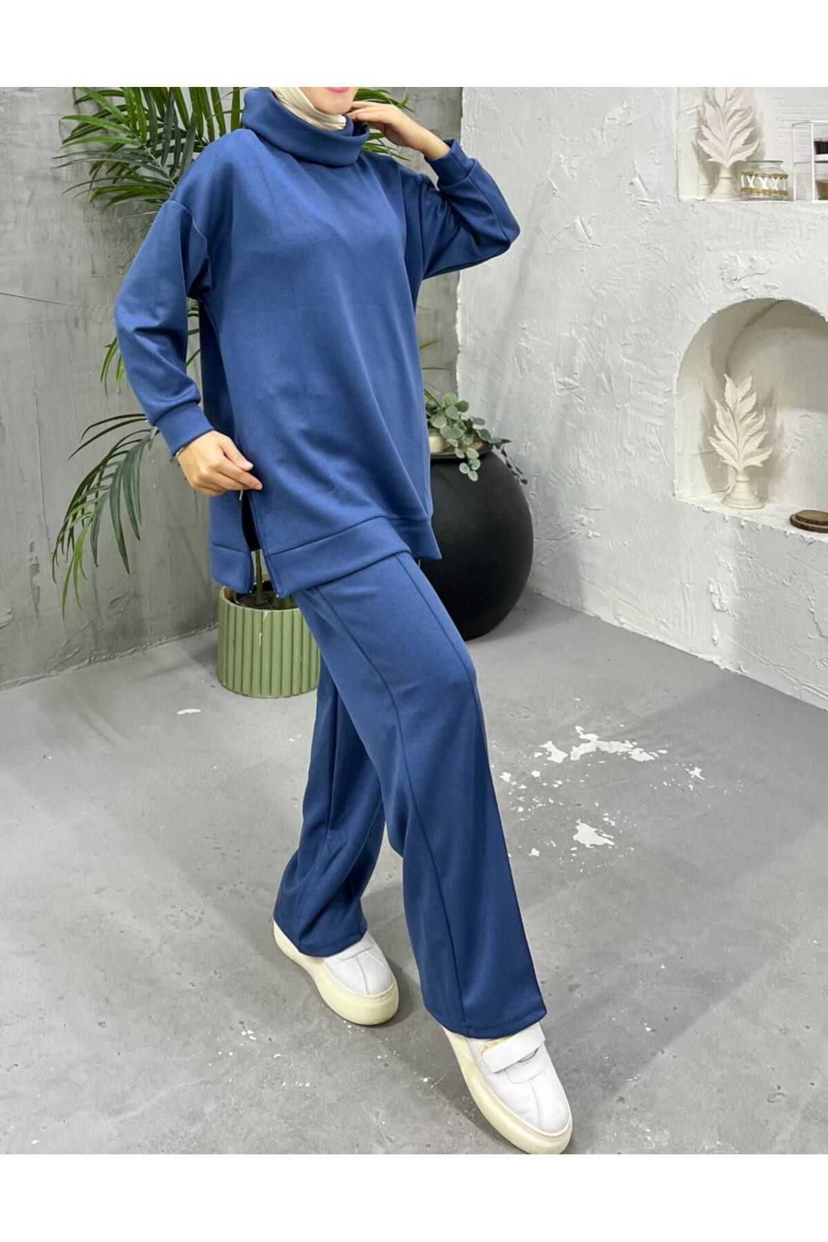 zümrüt moda Yandan fermuar detaylı boğazlı tunik ve pantolondan oluşan ikili eşofman takımı 1762