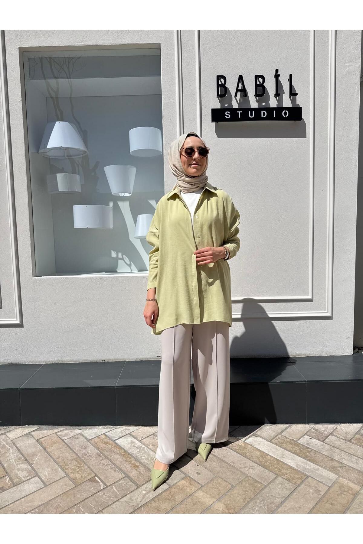 QOOQ STORE Yarasa Kol Kadın Basic Gömlek Fıstık Yeşili