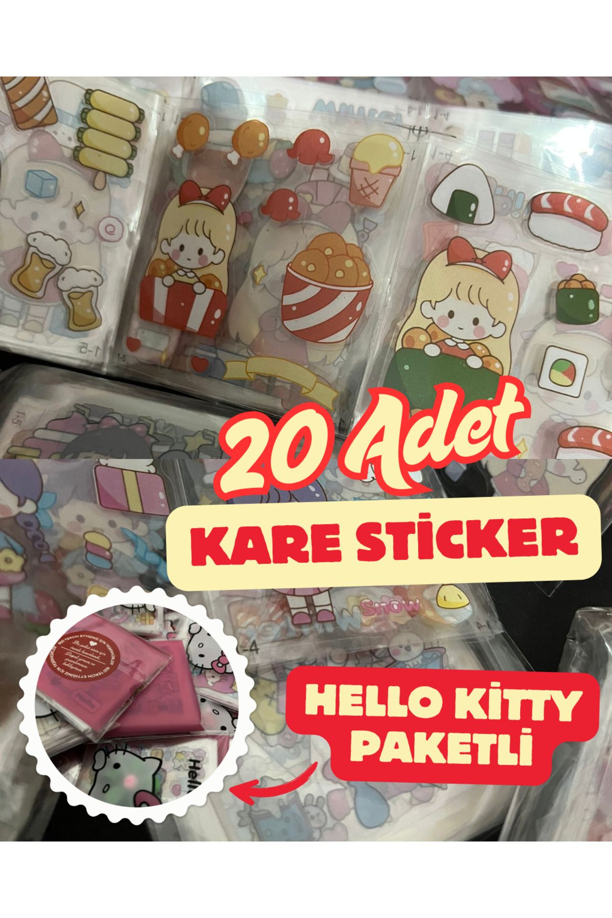 Antin Kuntin 20 Adet Kare Sticker Set Karışık Şekilli Hello Kitty Kuromi Sanrio Poşetli Mini Bant Hediyeli