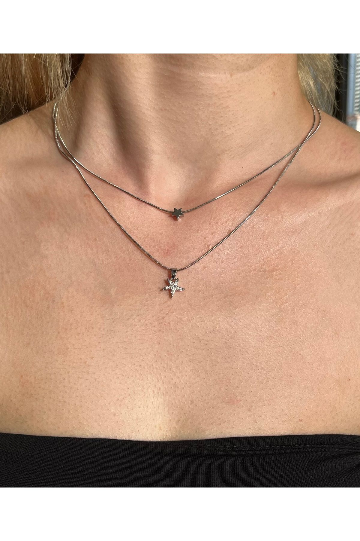 B&E SHİNE JEWERLY Kararmaz Çelik Çift Zincir Yıldız Zirkon Taş Detay Kolye