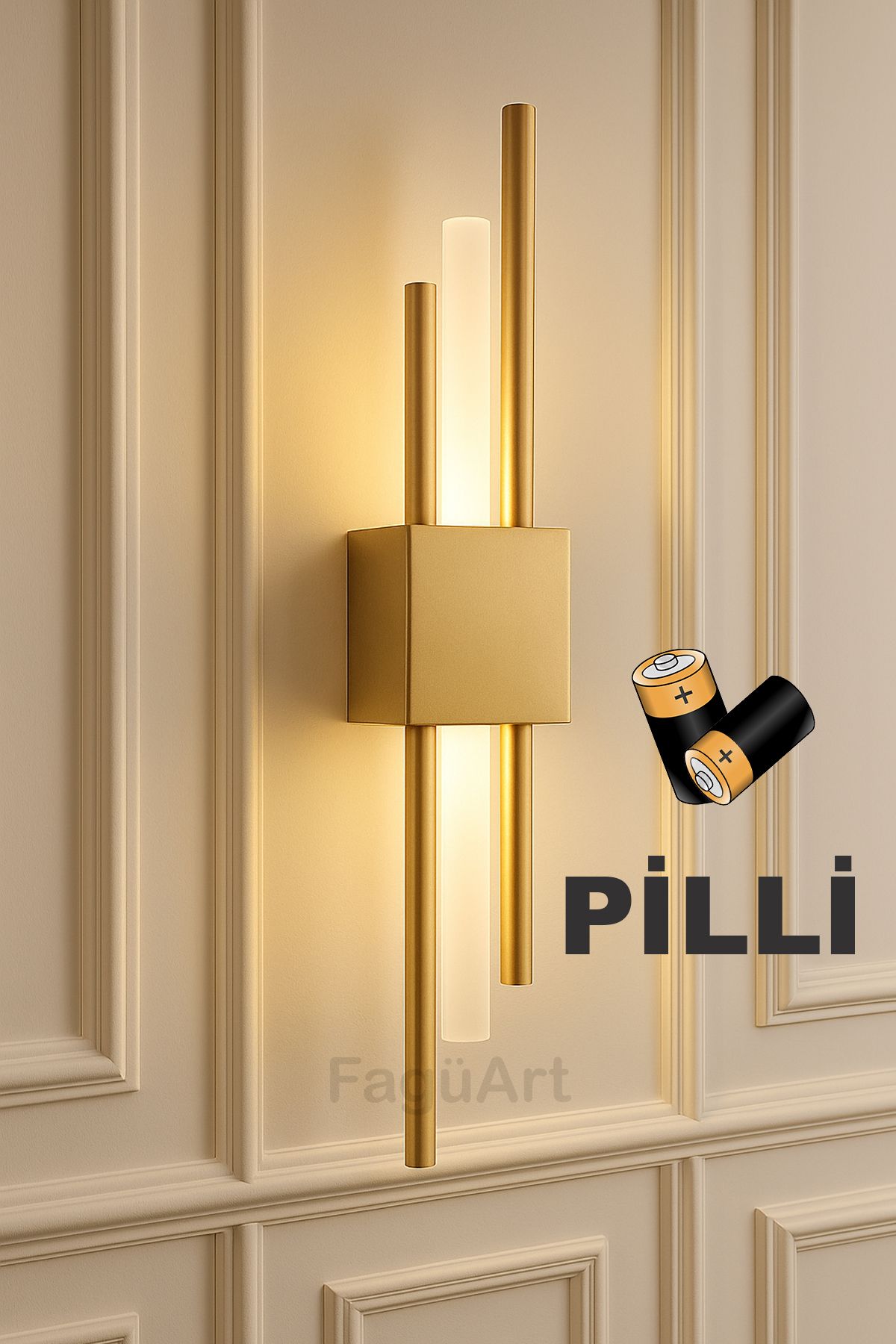 FagüArt Pilli Modern Çift Yönlü Dekoratif Duvar Aydınlatması Aplik Gece Lambası Gold 1 Adet
