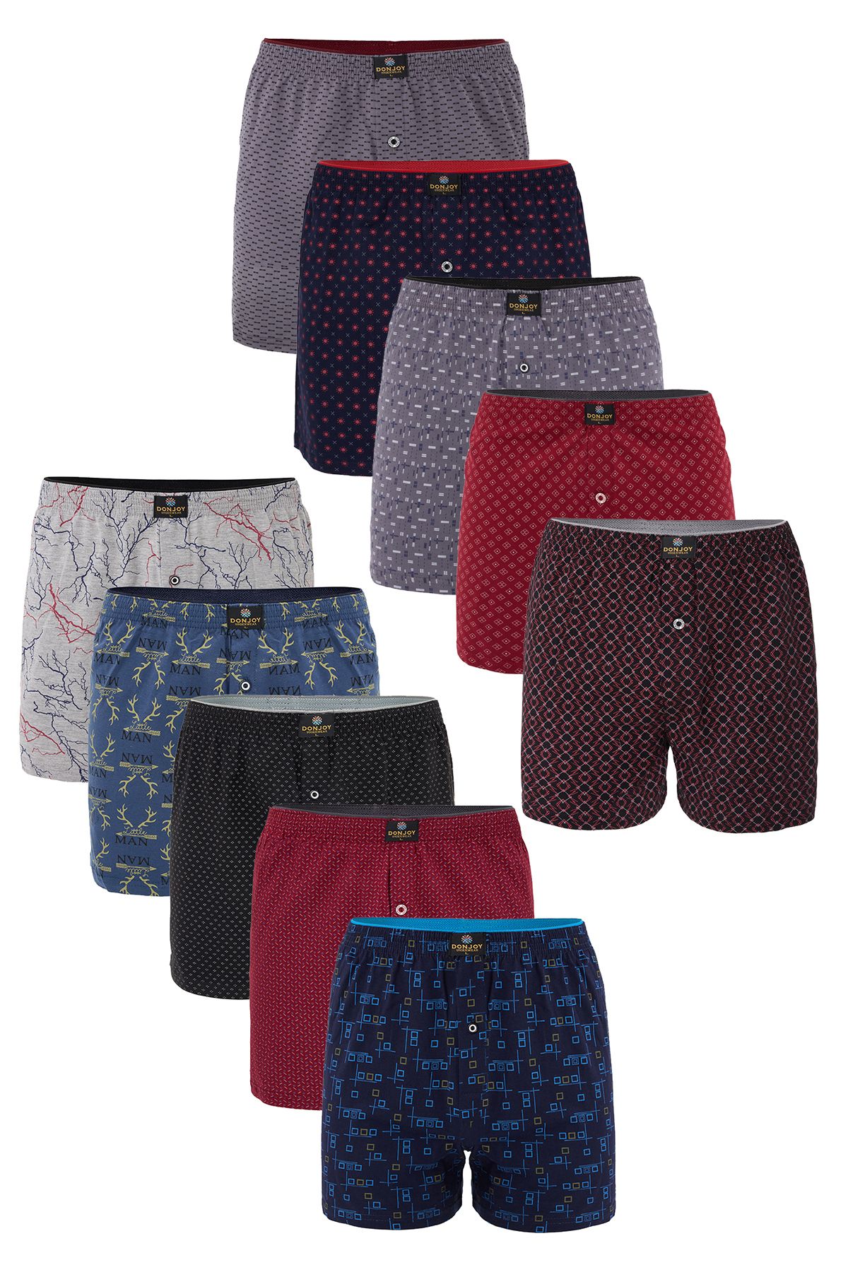 don joy Erkek 10'lu Desenli Pamuklu Penye Paçalı Düğmeli Beli Lastikli Boxer