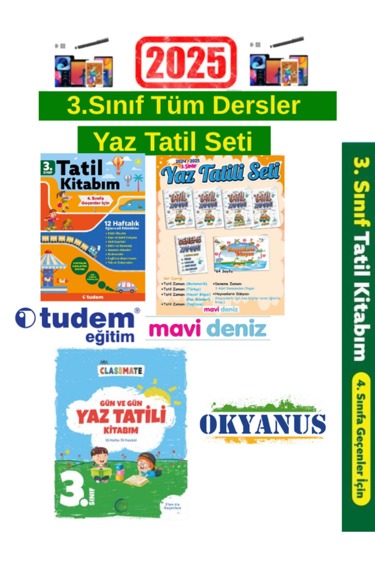 Tudem Yayınları 2025 3.Sınıf Yaz Tatil+Mavideniz 3.Sınıf Yaz Tatil+Okyanus 3.Sınıf Gün Gün Yaz Tatil Seti+ Kalem