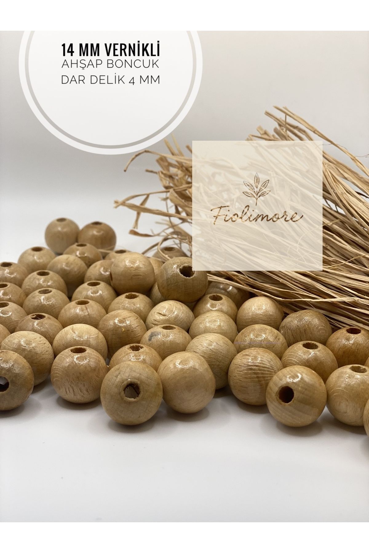 Fiolimore 14 mm Vernikli Ahşap Boncuk (50 Gram 50 Adet) Delik Çapı 4 mm Yuvarlak Dar Delik Tahta