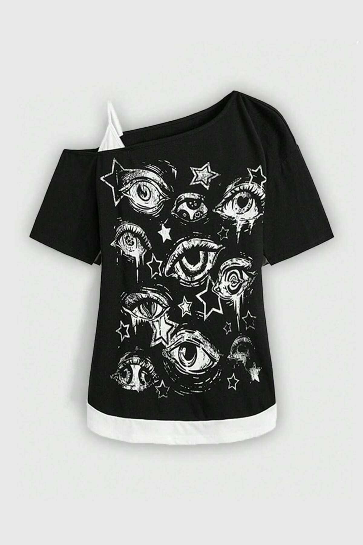 Pop Giyim Stars Eyes Collage Ek Askılı Kısa Kollu Crop Tişört