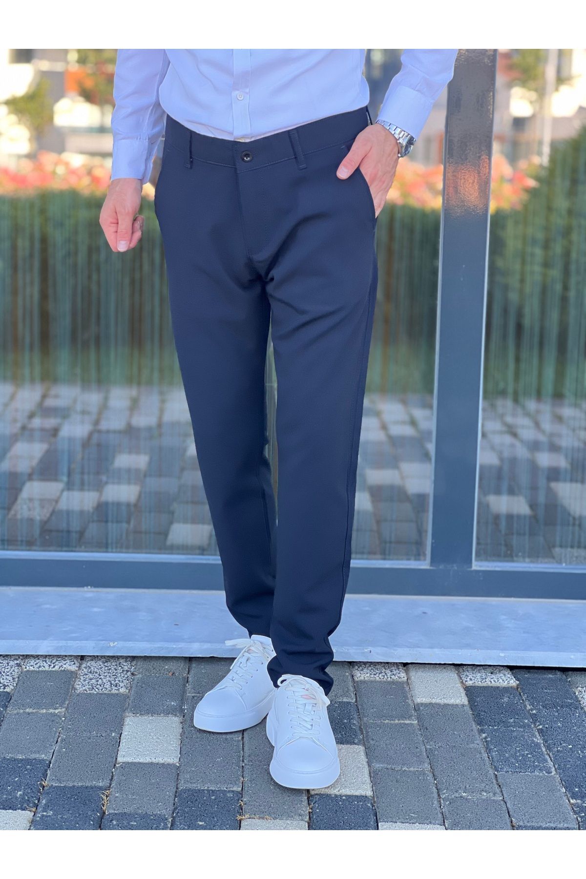 ElitWear Erkek Slim Fit Kemerli Pamuklu Bez Ayak Kumaş Pantolon