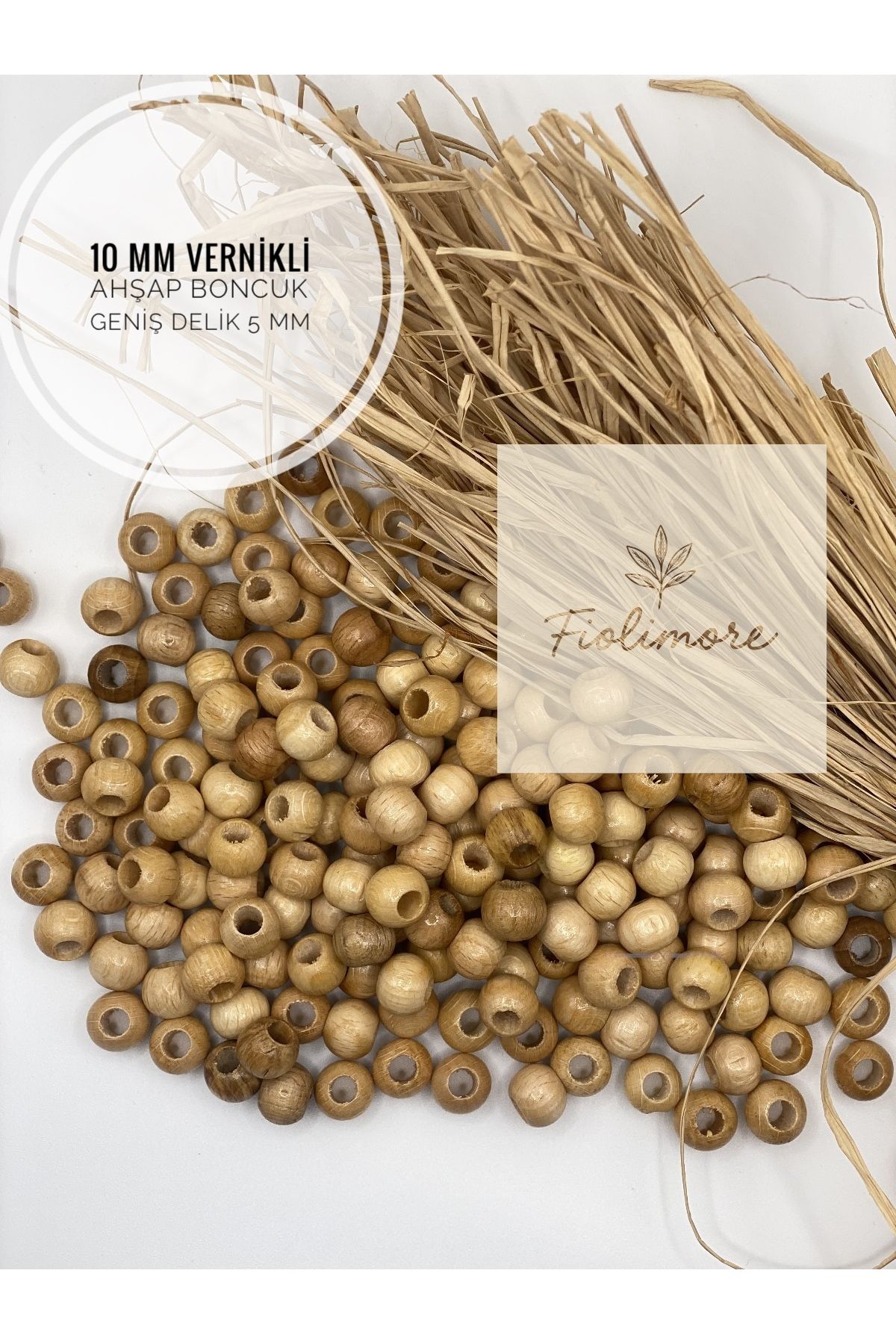 Fiolimore 10 mm Vernikli Ahşap Boncuk (50 Gram 155 Adet) Delik Çapı 5 mm Yuvarlak Geniş Delik Tahta