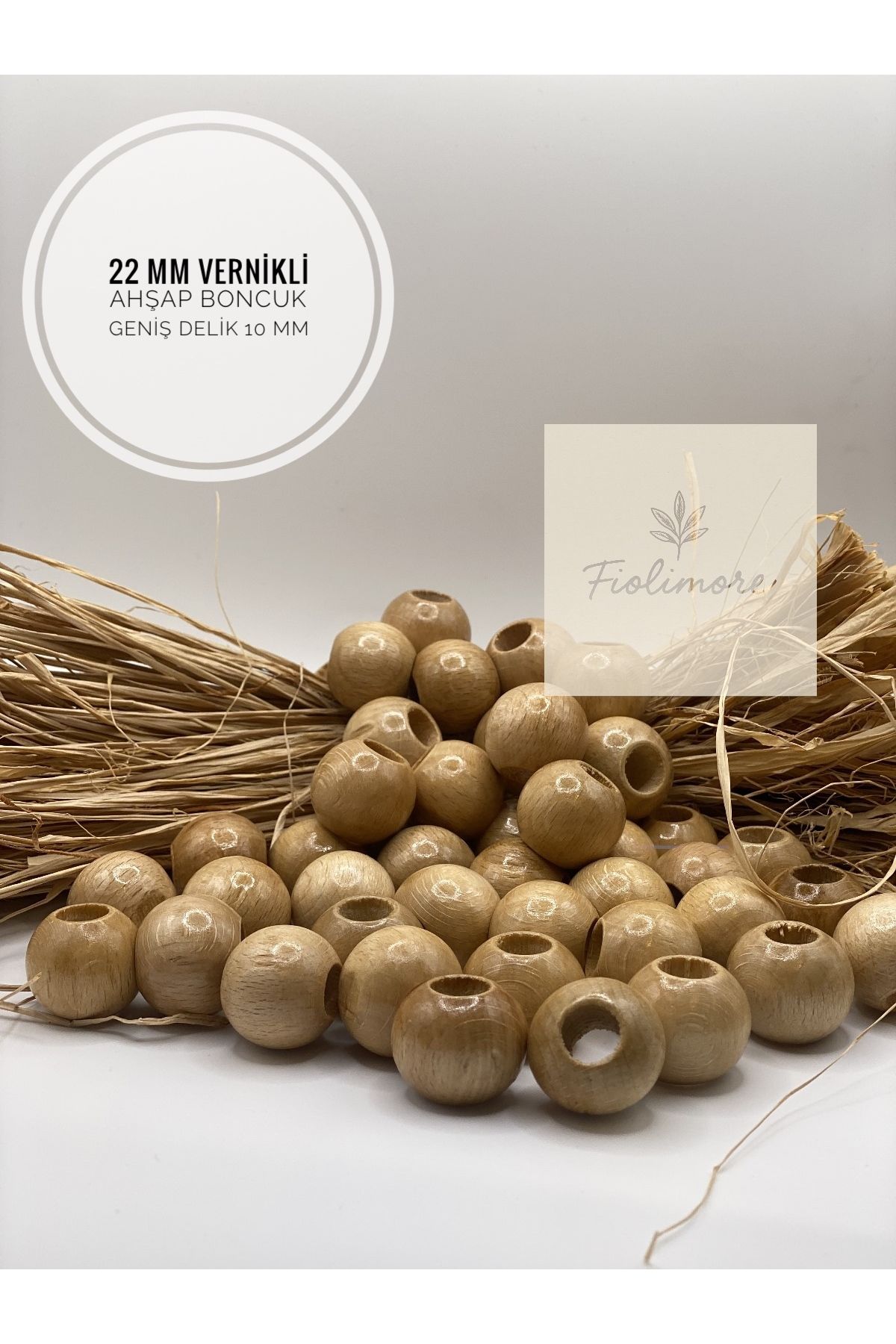 Fiolimore 22 mm Vernikli Ahşap Boncuk (50 Gram 15 Adet) Delik Çapı 10 mm Yuvarlak Geniş Delik Tahta