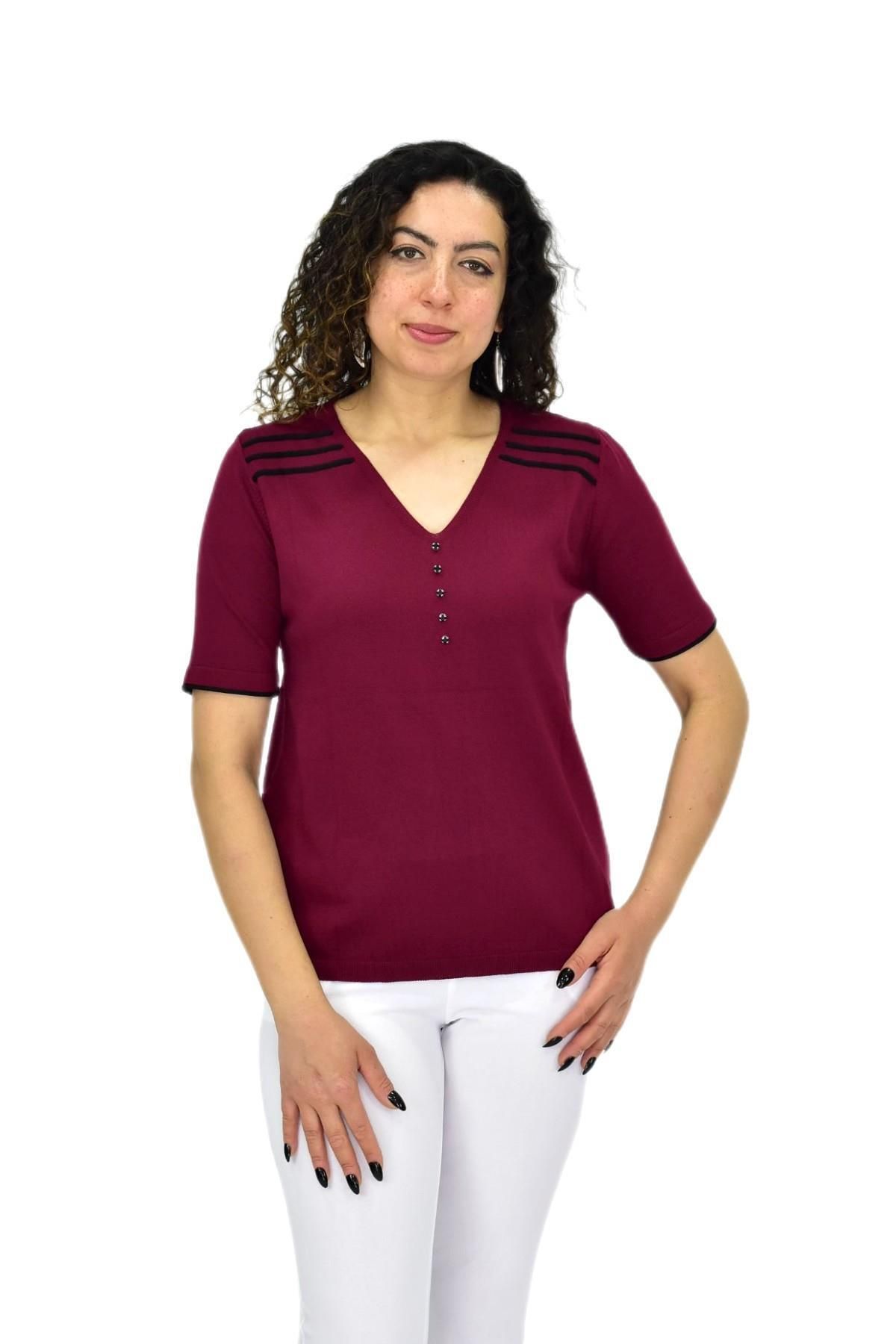 lavella Kadın Yarım Kol V Yaka Taşlı Triko Tişöt 12857 BGL-ST04656