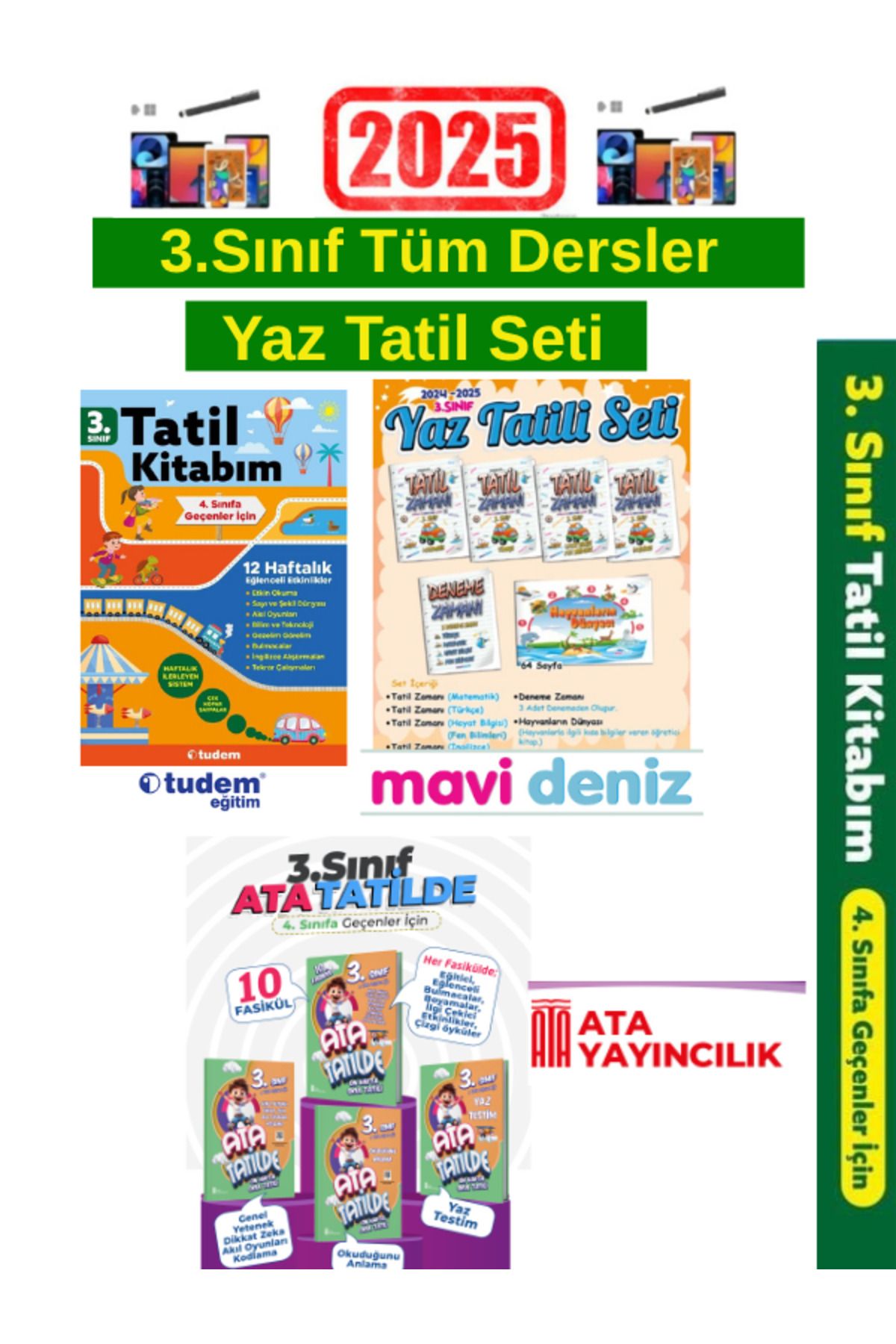 Tudem Yayınları 2025 3.Sınıf Yaz Tatil+Mavideniz 3.Sınıf Yaz Tatil+Ata Tatilde 3.Sınıf Yaz Tatil Seti+ Kalem