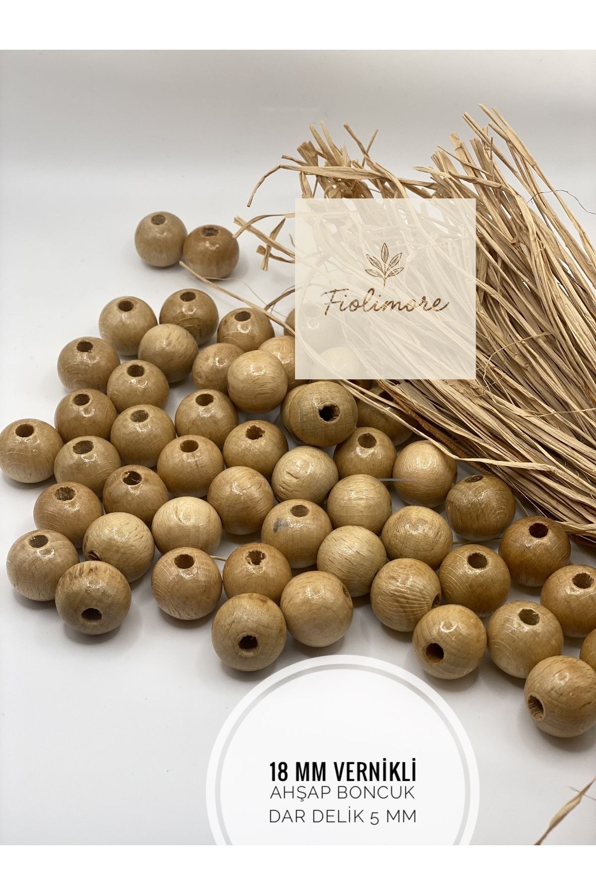 Fiolimore 18 mm Vernikli Ahşap Boncuk (50 Gram 25 Adet) Delik Çapı 5 mm Yuvarlak Dar Delik Tahta