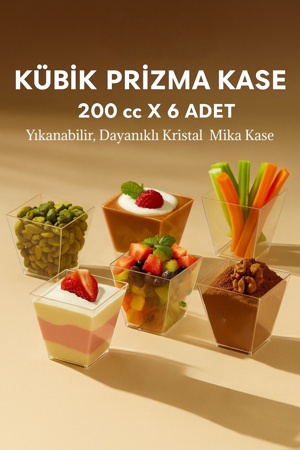 Vitapac Kübik Prizma Mika Plastik Şeffaf Kapaksız Sunum Kabı 200 cc 6 Adet Tatlı,Meze,Salata,Dekor Kasesi