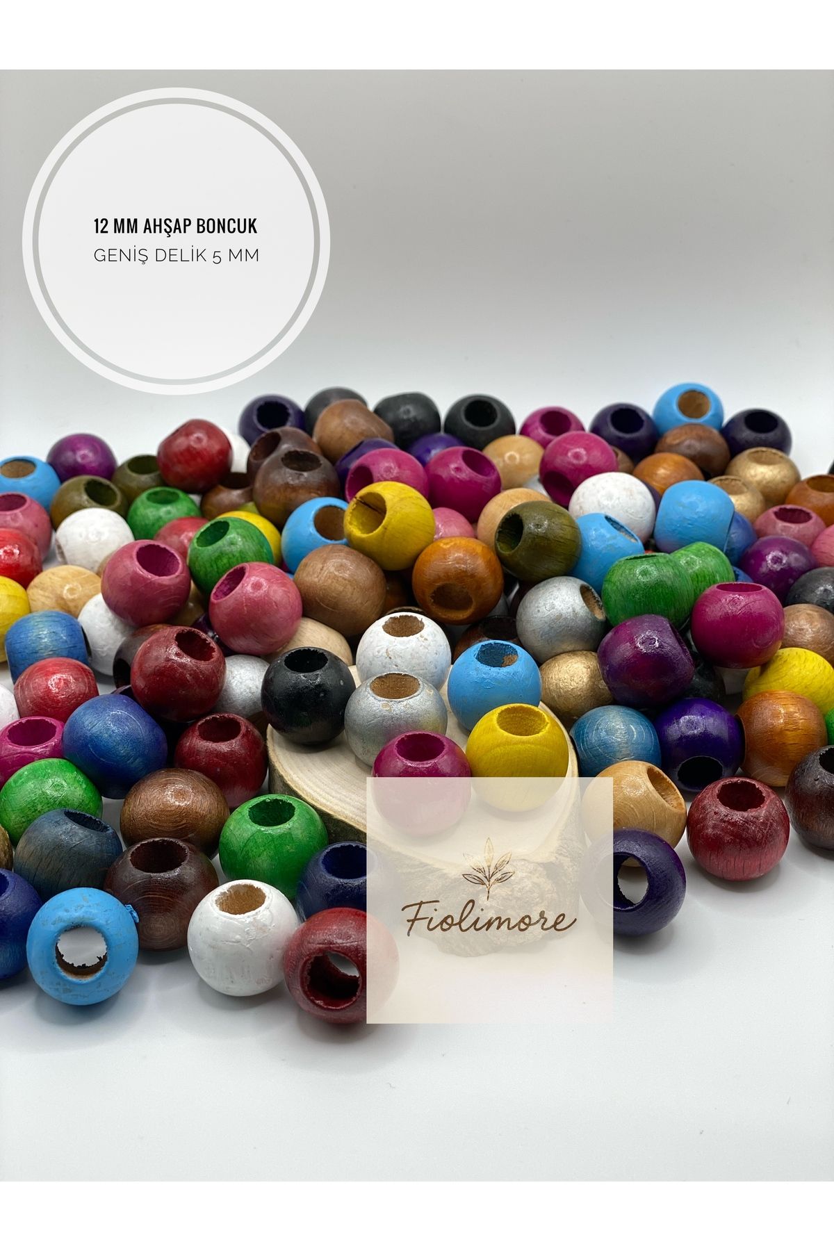 Fiolimore 12 mm Karışık Renk Ahşap Boncuk (50 Gram 105 Adet) Delik Çapı 5 mm Yuvarlak Geniş Delik Renkli Tahta