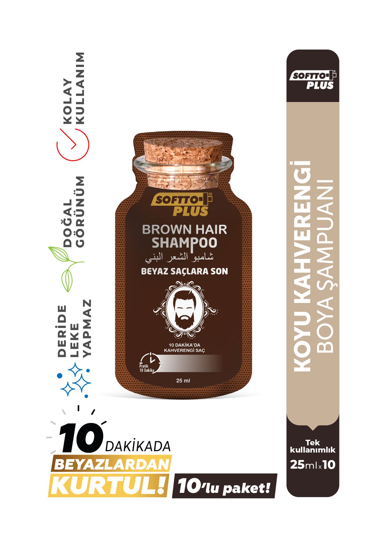 Softto Plus Brown Hair Anında Etkili Beyaz Kapatıcı Koyu Kahverengi Şampuan Boya 25mlx10 adet
