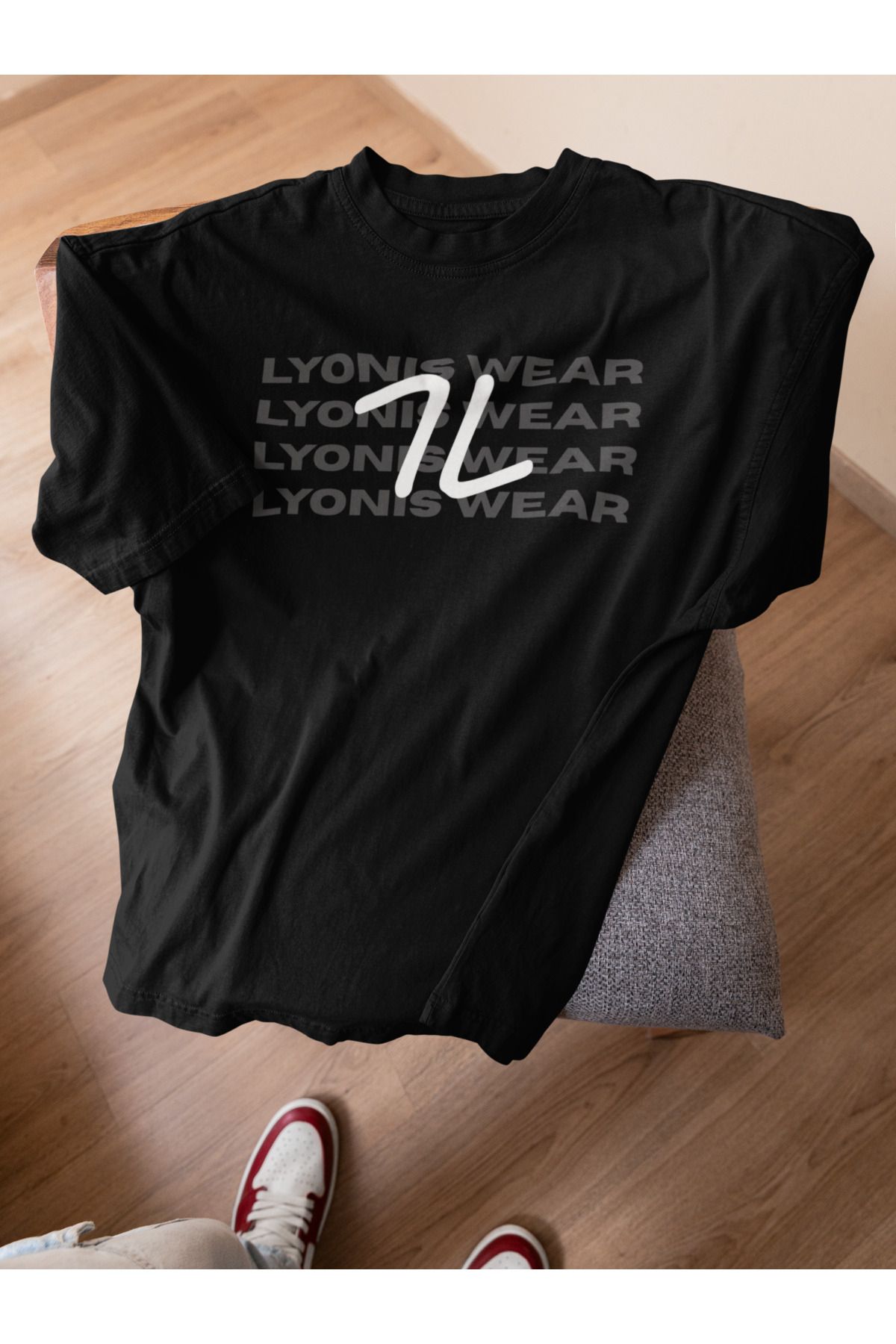 Lyonis Unisex Oversize Siyah Lyonis Wear Baskılı Bisiklet Yaka Penye T-Shirt