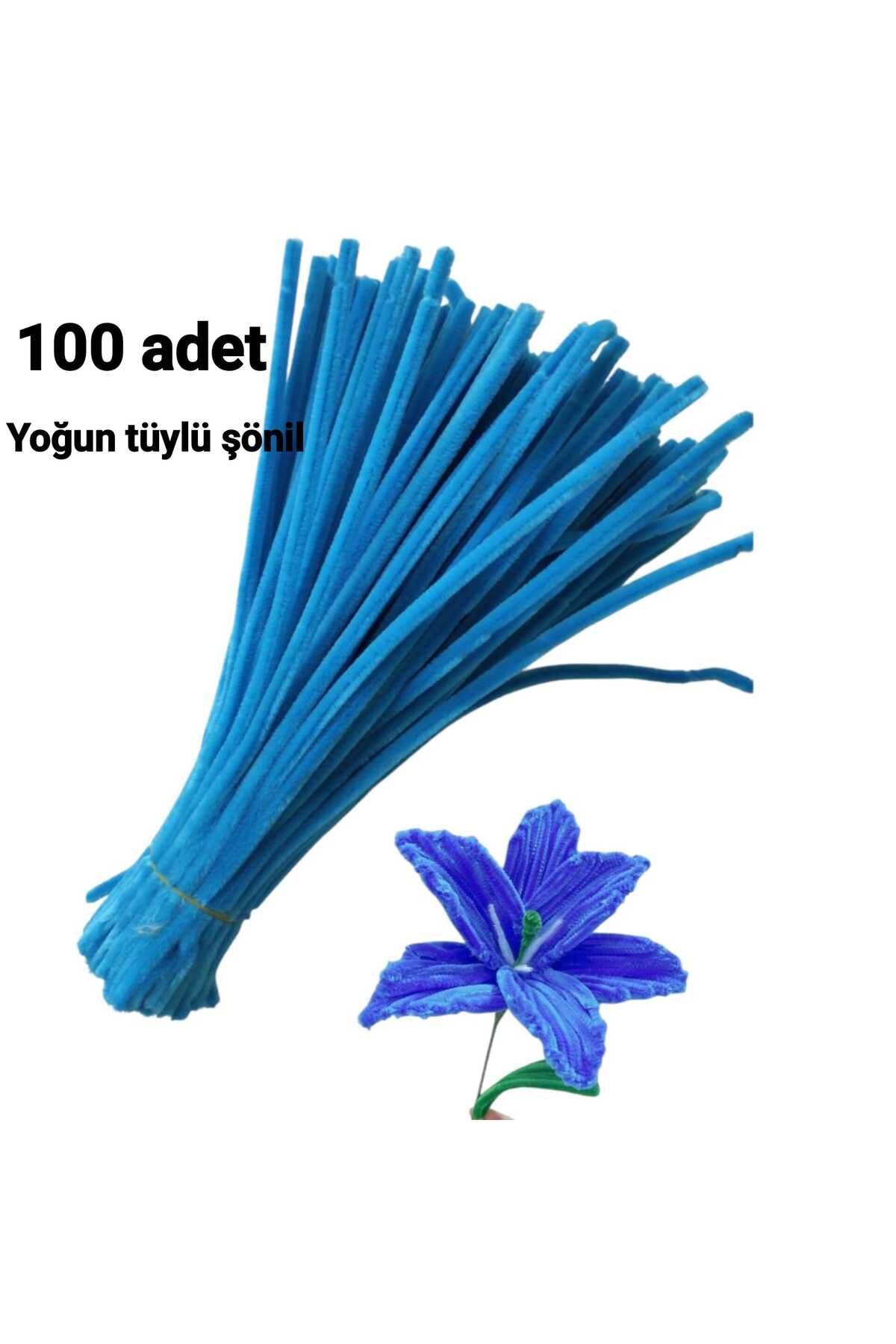 Butik 100'lü Koyu Mavi Renkli Şönil, Eğitici Şönil Seti, Tüylü Tel, 30 Cm 6mm