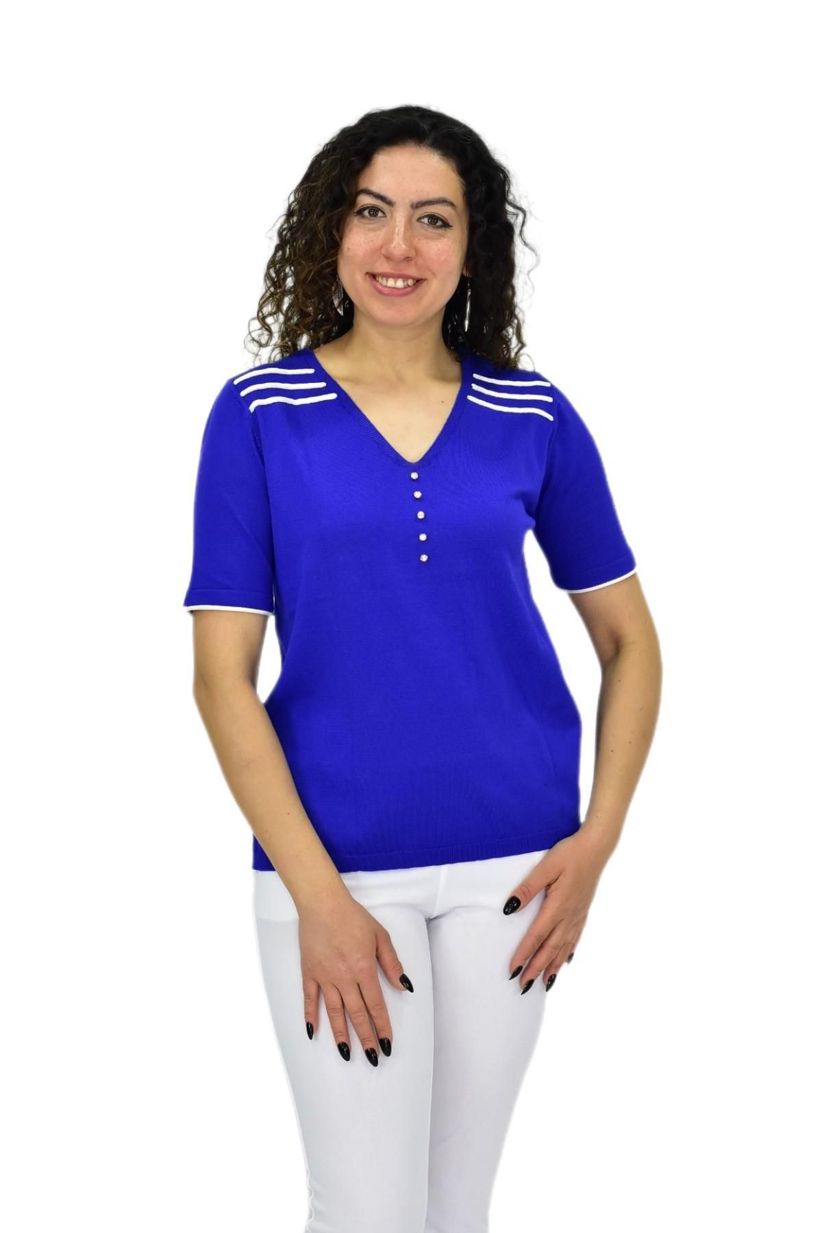 lavella Kadın Yarım Kol V Yaka Taşlı Triko Tişöt 12857 BGL-ST04656