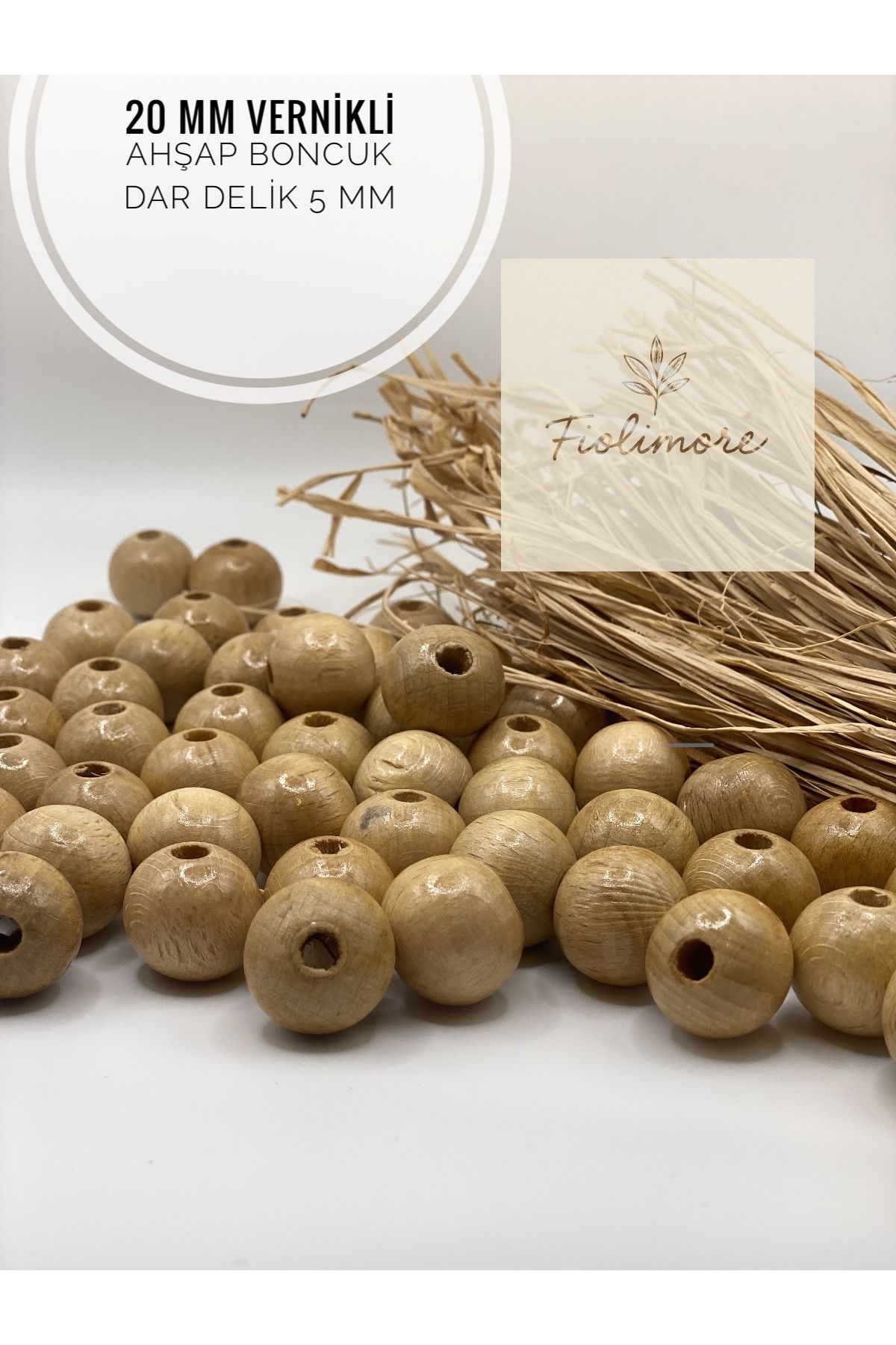 Fiolimore 20 mm Vernikli Ahşap Boncuk (50 Gram 18 Adet) Delik Çapı 5 mm Yuvarlak Dar Delik Tahta