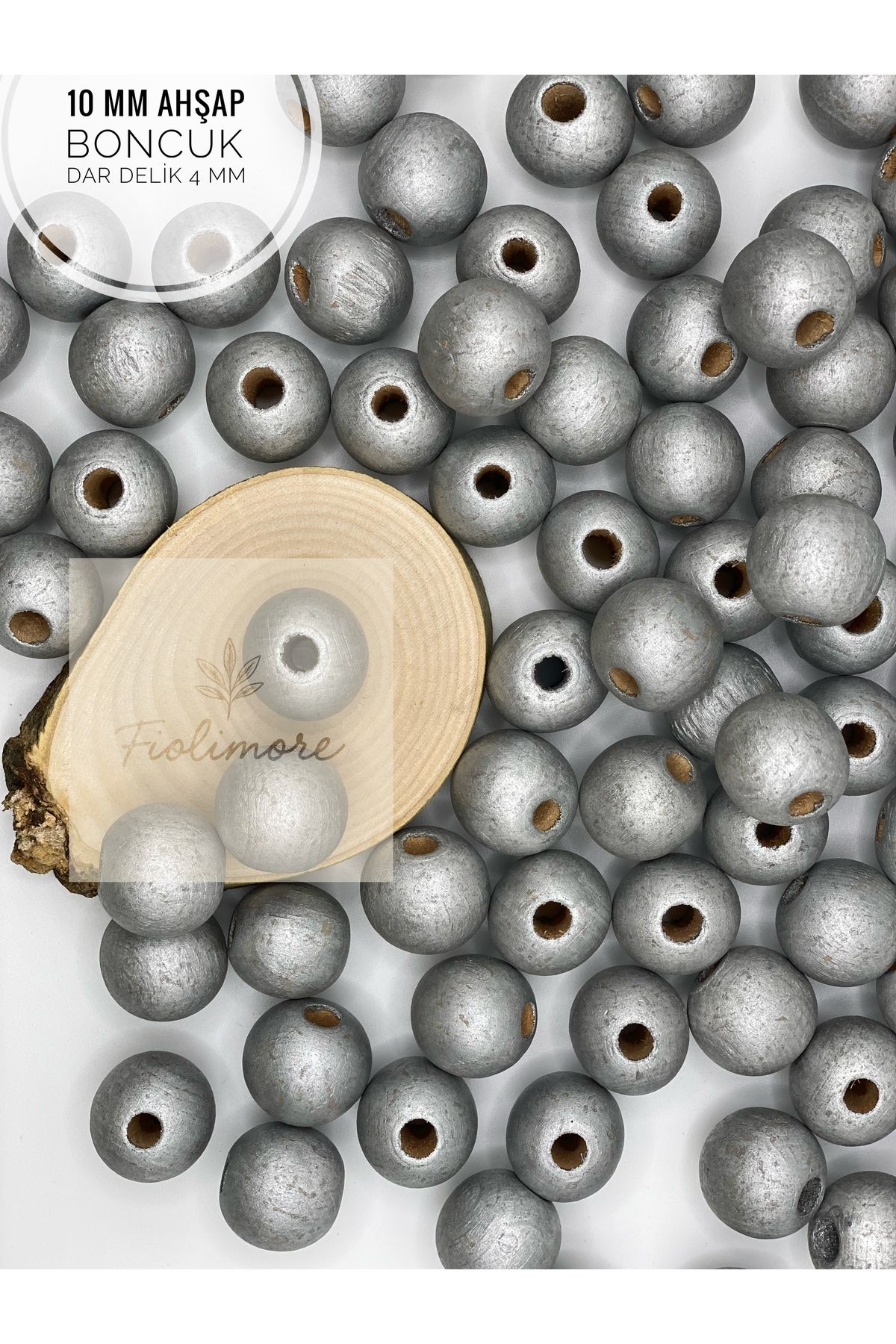 Fiolimore 10 mm Gri Ahşap Boncuk (50 Gram 140 Adet) Delik Çapı 4 mm Yuvarlak Dar Delik Renkli Tahta