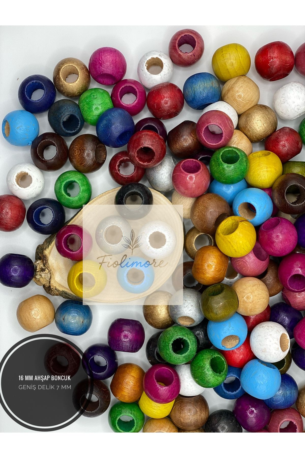 Fiolimore 16 mm Karışık Renk Ahşap Boncuk (50 Gram 40 Adet) Delik Çapı 7 mm Yuvarlak Geniş Delik Renkli Tahta