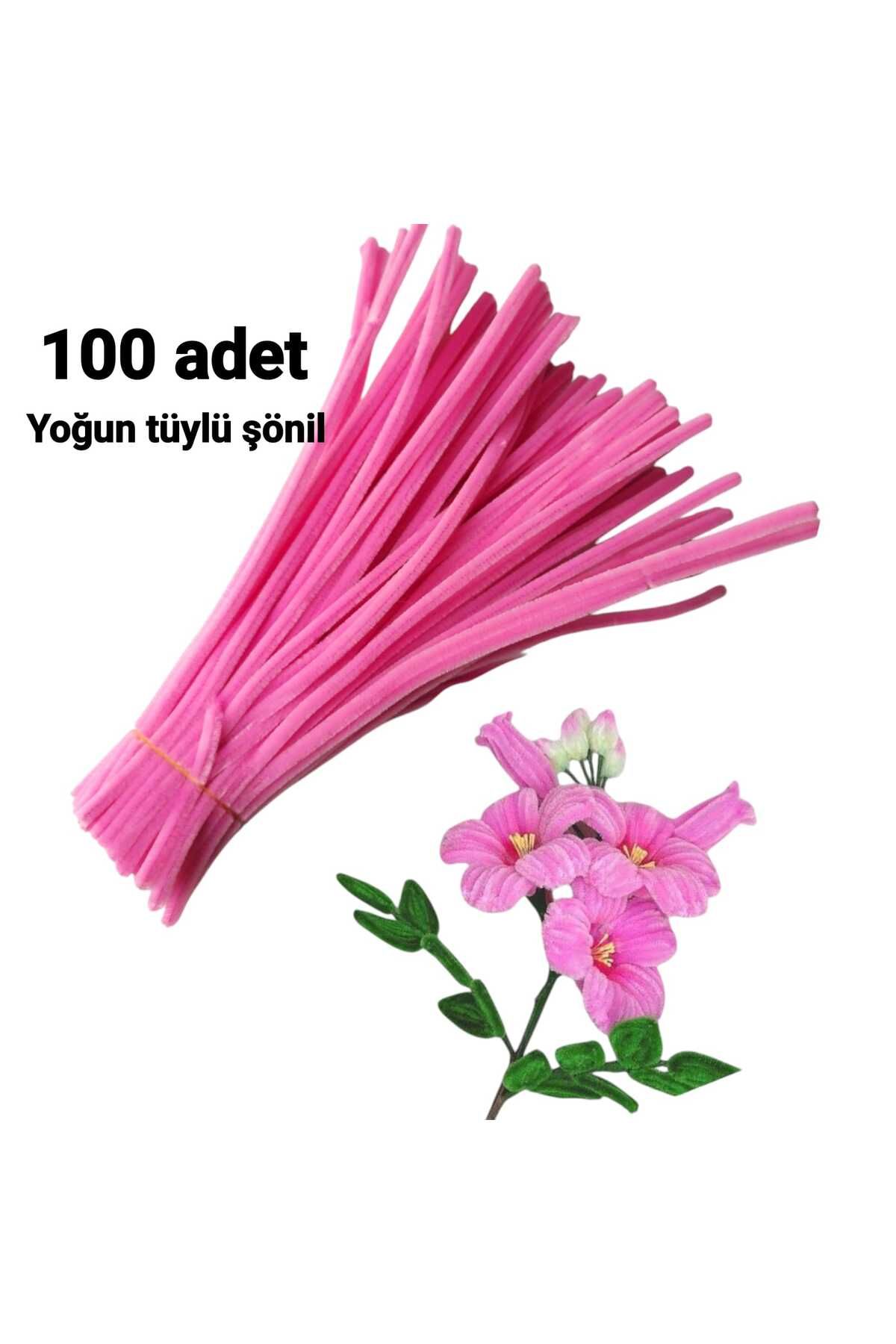 Butik 100'lü Şeker Pembe Renkli Şönil, Eğitici Şönil Seti, Tüylü Tel, 30 Cm 6mm