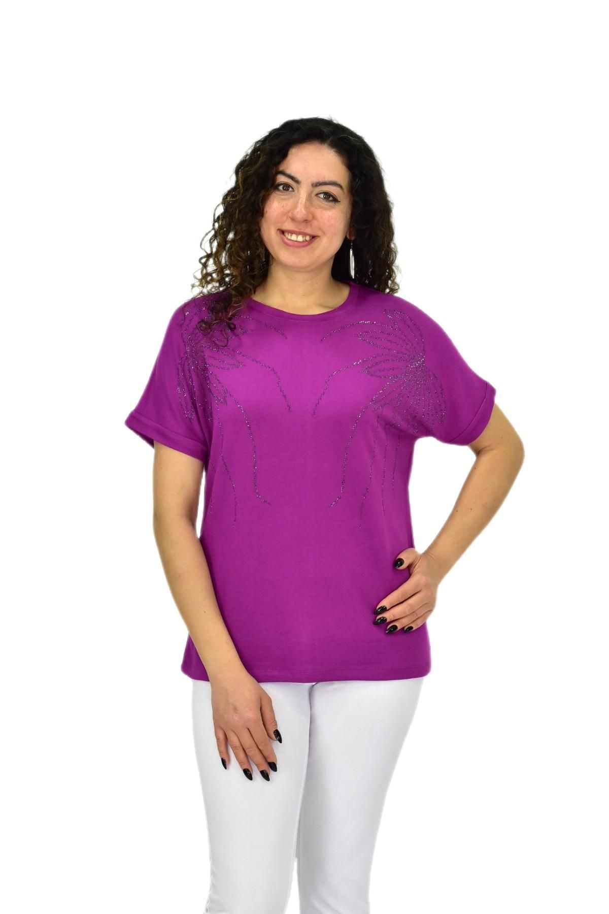 lavella Kadın Yarım Kol Sıfıryaka Taşlı Likralı Tişöt BGL-ST04655