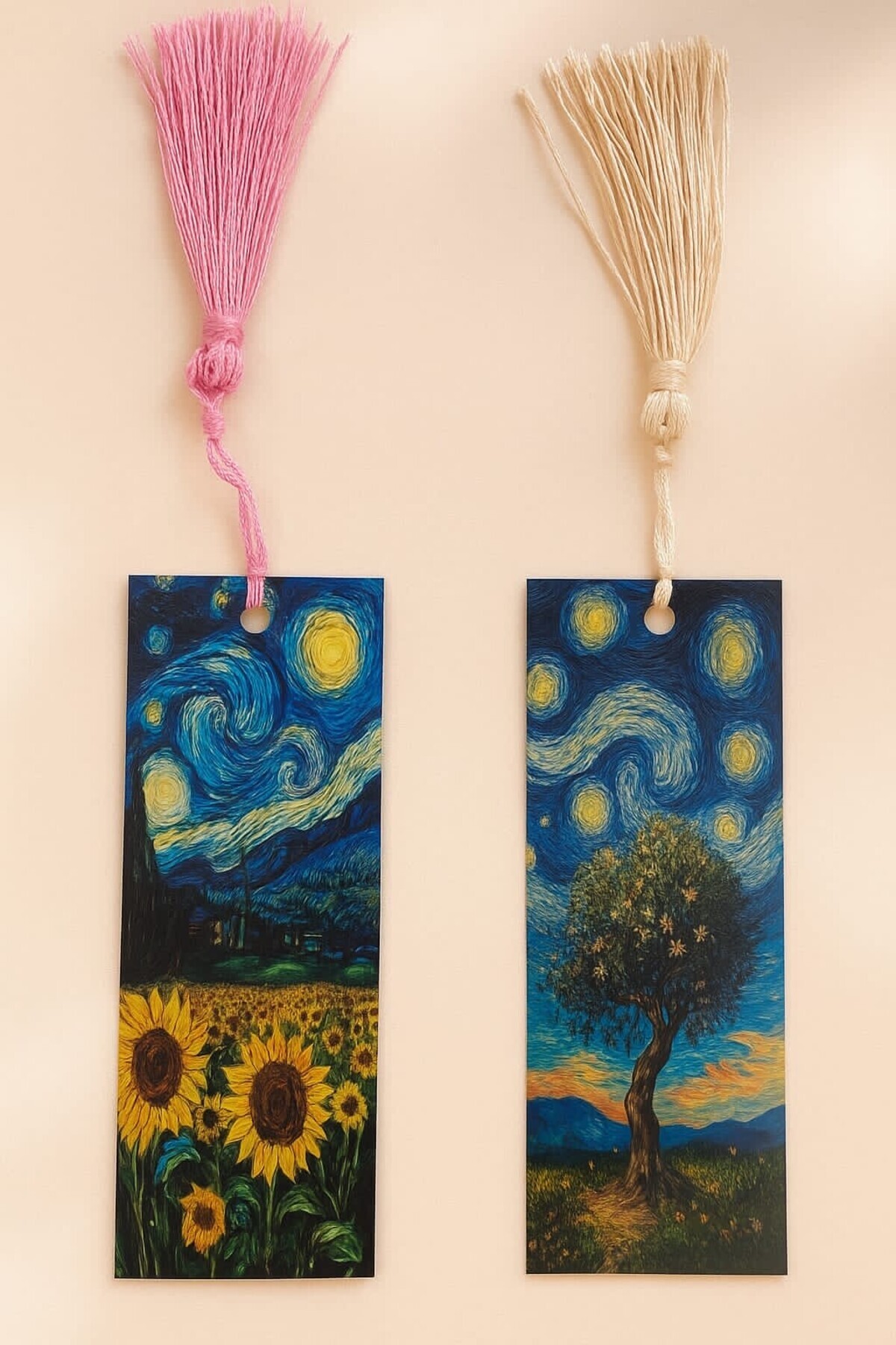 YLDZ Van Gogh Yıldızlı Geceler Ayçicek Tarlası - Van Gogh Yaşam Ağacı Baskılı Sert İkili Püsküllü Ayraç
