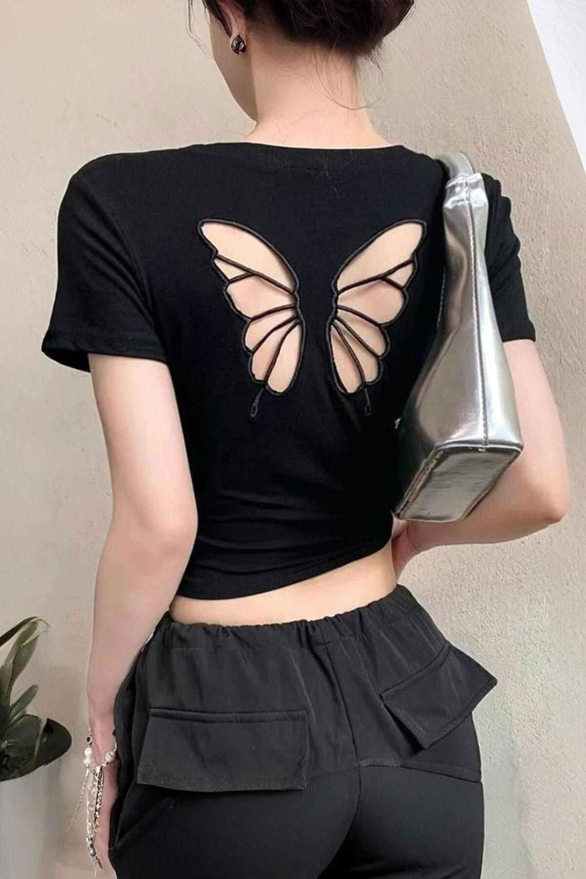 Köstebek Butterfly Sırt Dekolteli Vintage Tişört