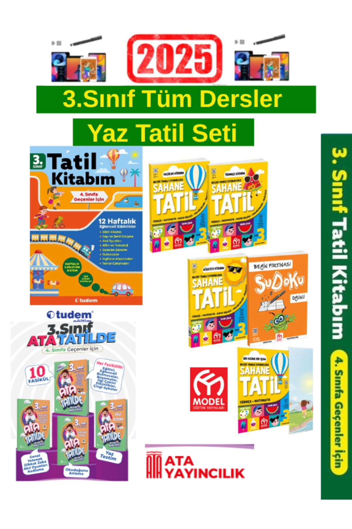 Tudem Yayınları 2025 3.Sınıf Yaz Tatil+Ata Tatilde 3.Sınıf Yaz Kitabı+Model 3.Sınıf Şahane Yaz Tatil Kitabı+Kalem
