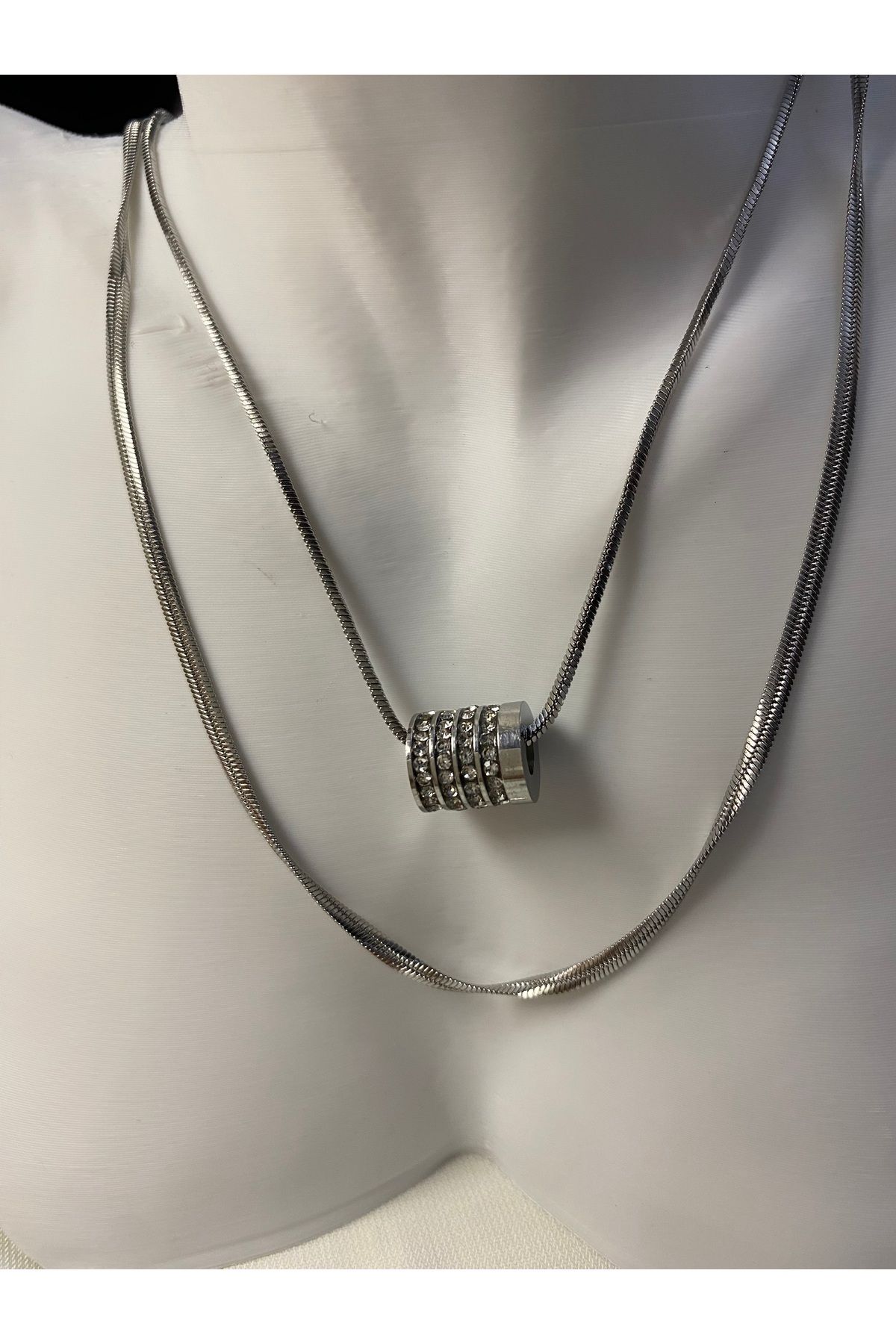 asem jewelry GÜMÜŞ RENK ÇİFT ZİNCİR VE TAŞ DETAYLI SİLİNDİR ÇELİK KOLYE
